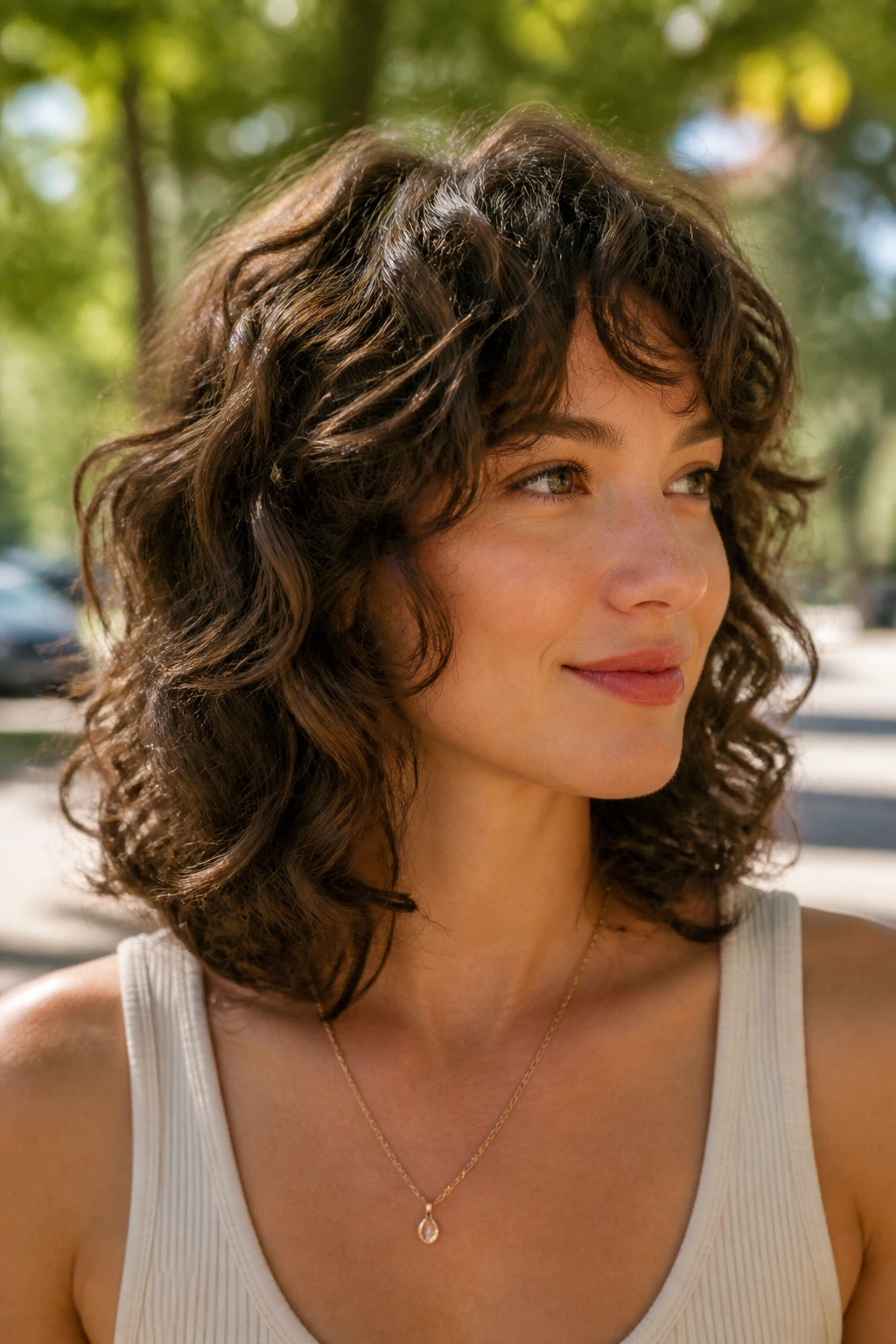 Close-up portrait of a real woman with a soft wolf bob in a park setting.
