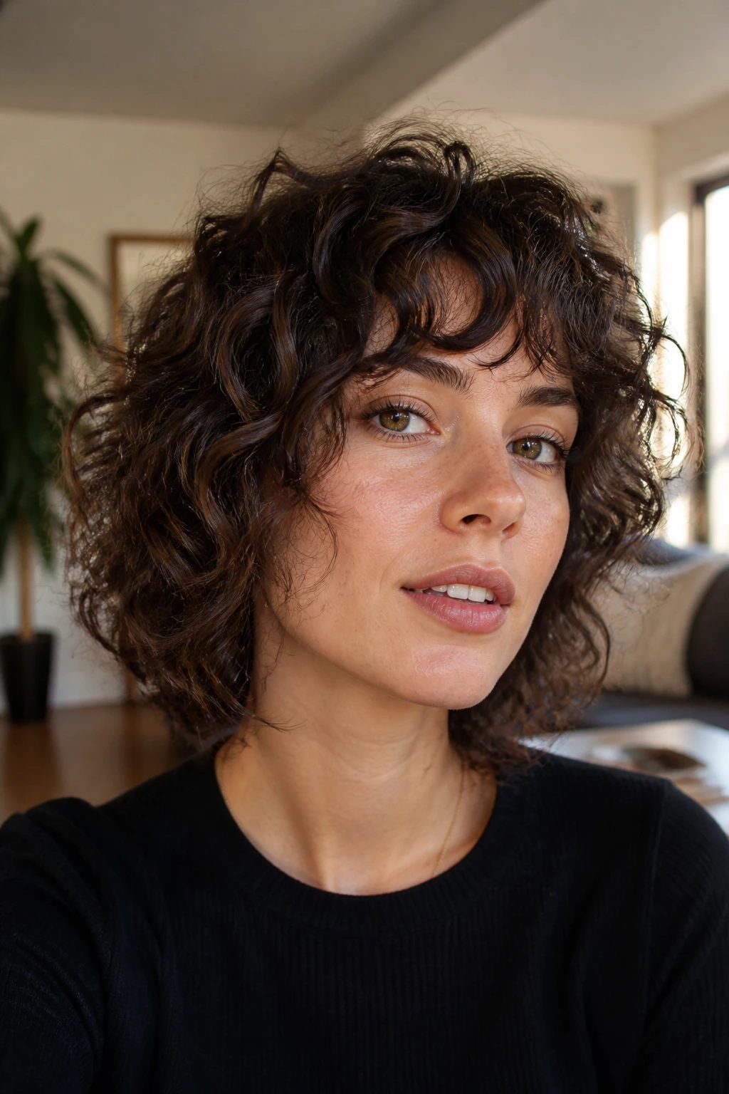 Portrait of a real person with a soft wolf-bob shag hairstyle