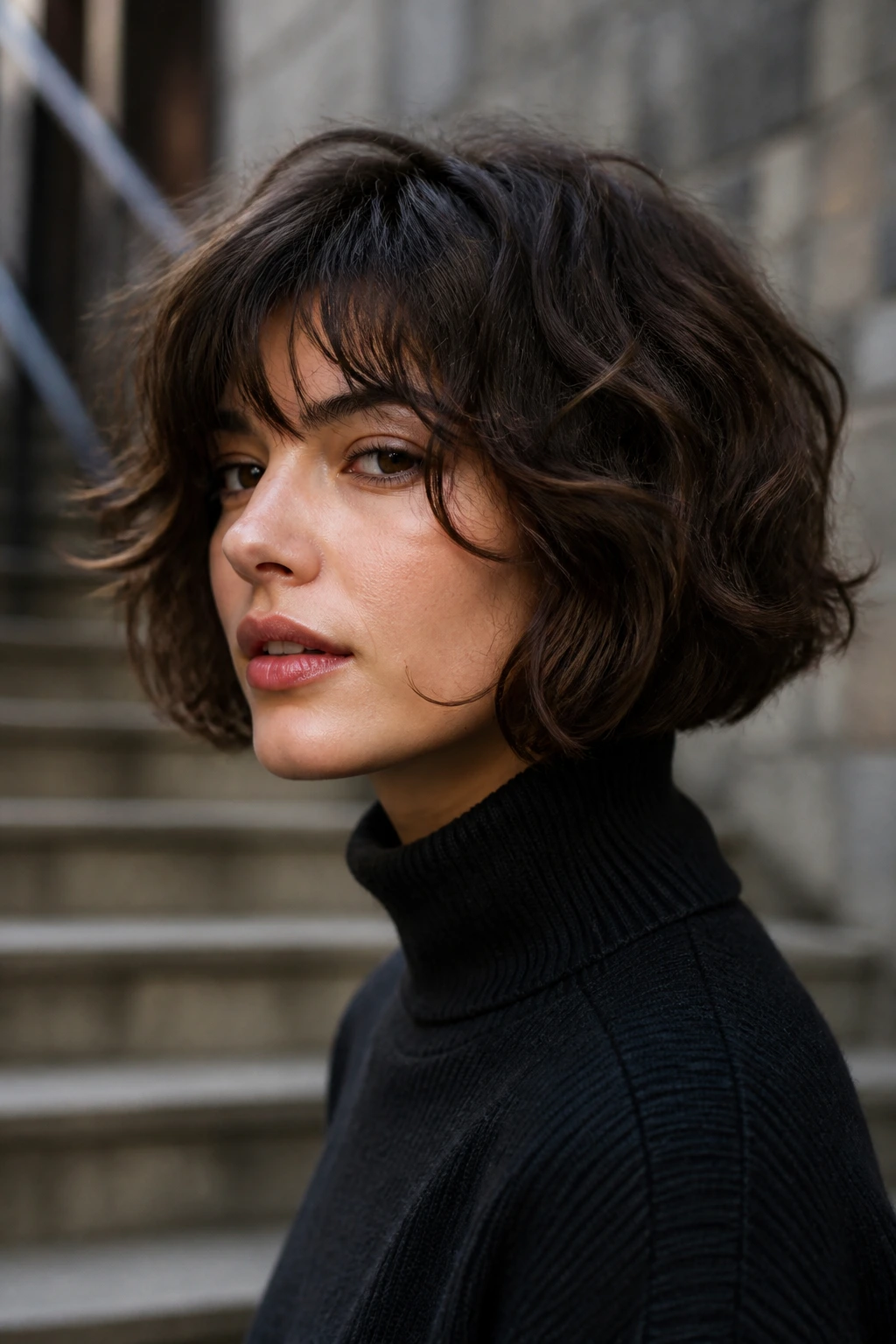Close-up portrait of a real woman with a soft wolf bob featuring textured layers around the crown.