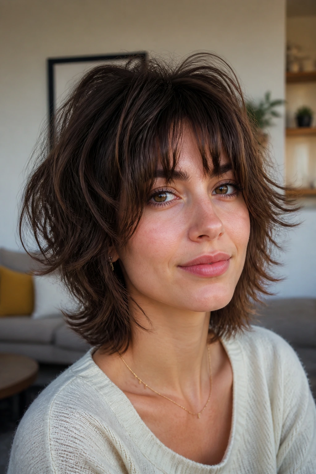 Close-up of a real person with a soft wolf bob, textured layers.