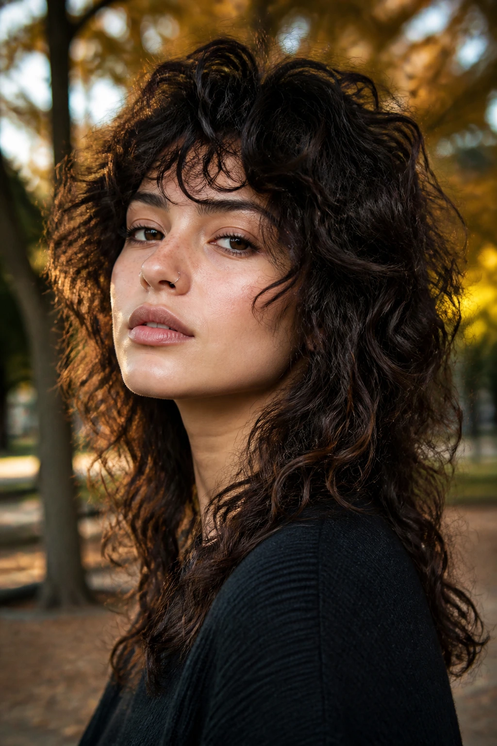 Close-up of a real person with a soft wolf curly cut and lifted crown