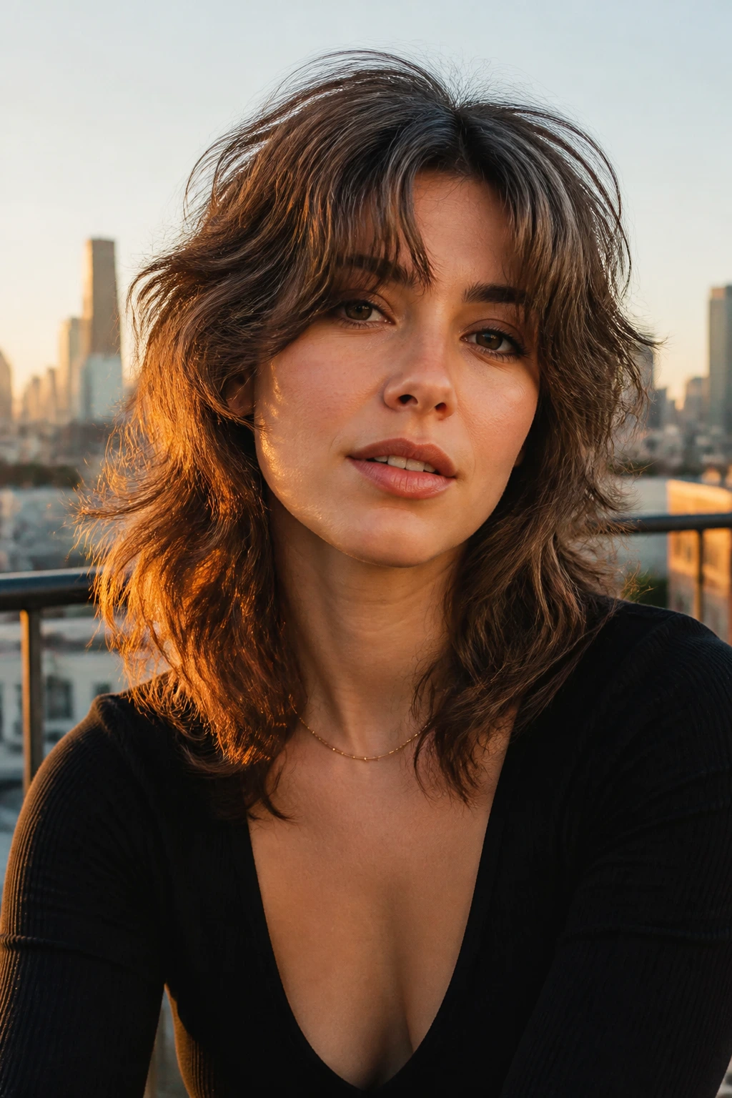 Close-up of a real woman with a soft wolf cut and textured waves.