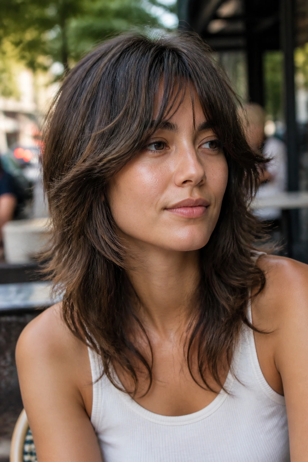 Close-up portrait of a real woman with soft wolf cut lite hairstyle in urban daylight