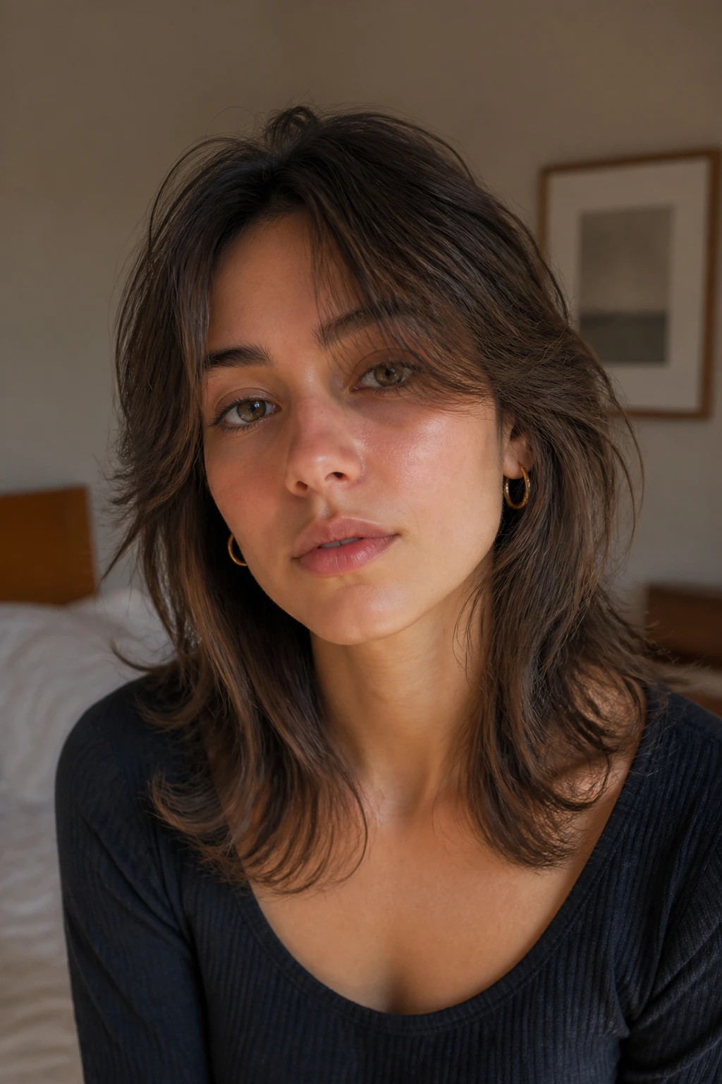 Close-up of a real person with minimalist soft wolf cut and barely-there layers