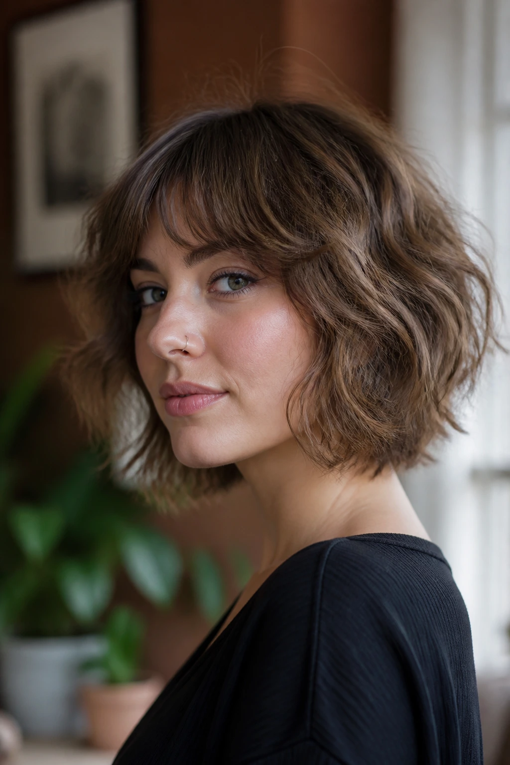 Close-up of soft wolf-cut bob with textured layers on a real person in natural light