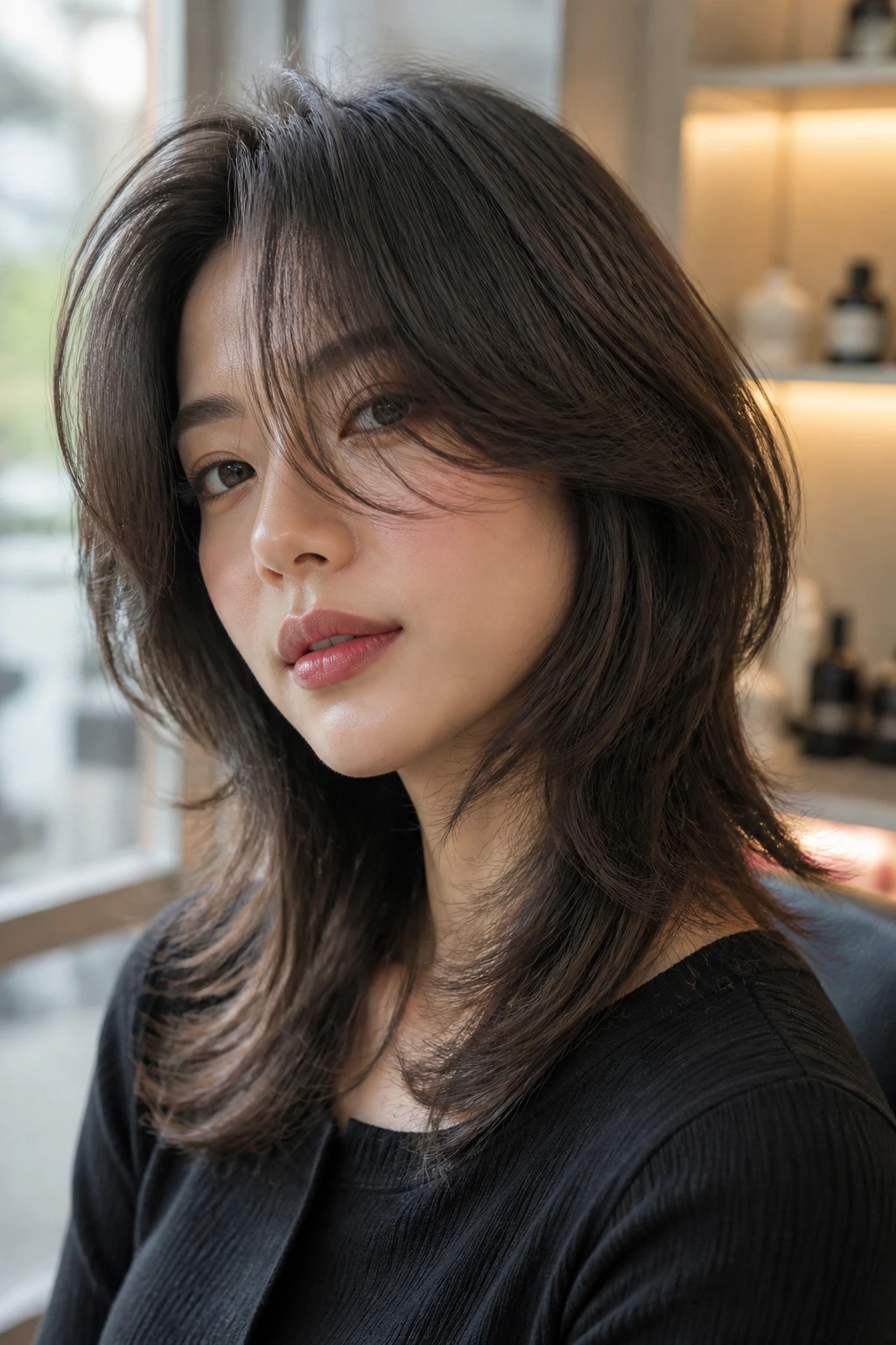 Close-up portrait of a real woman with a soft wolf cut and brushed texture in warm natural light