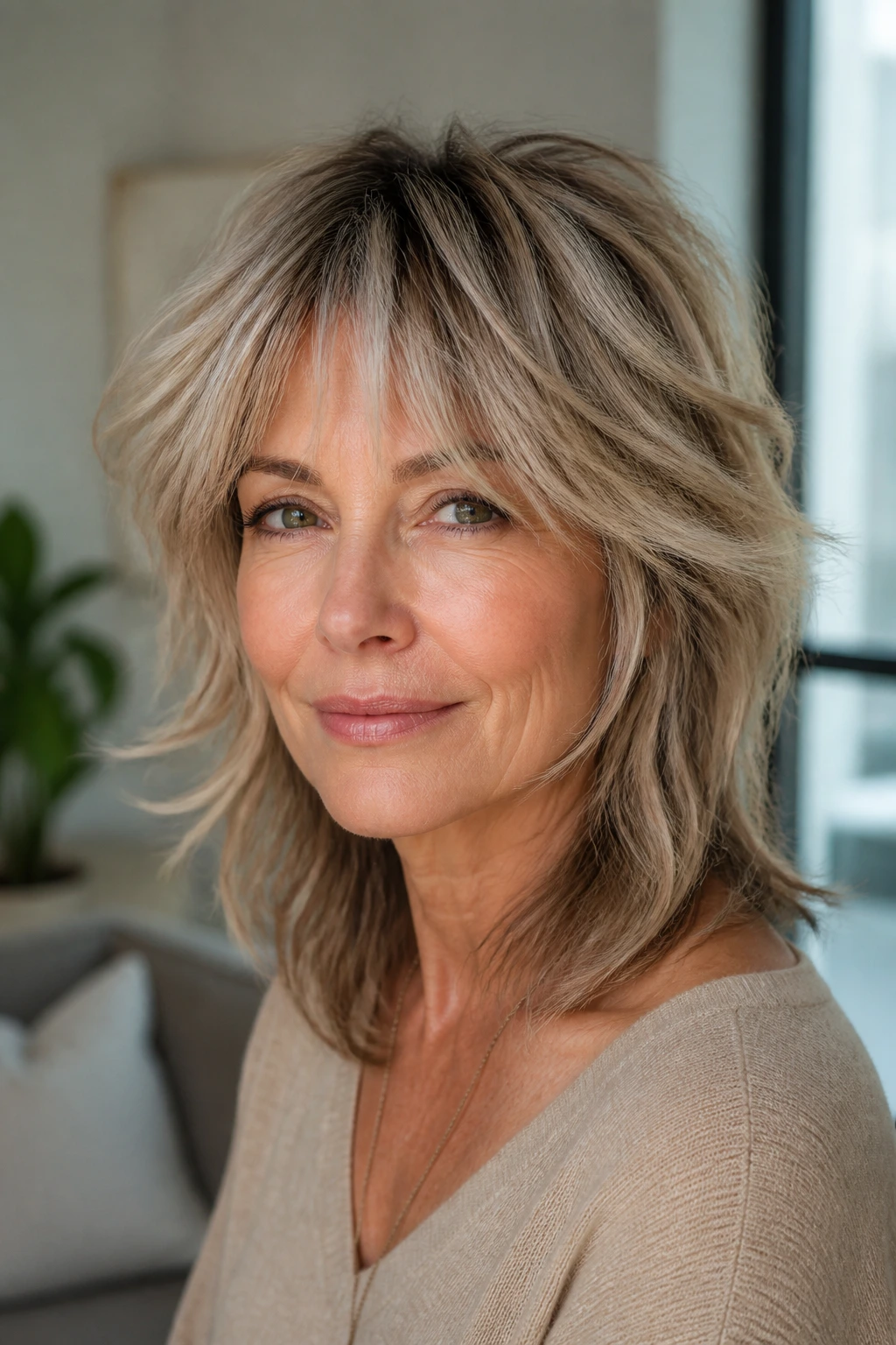 Portrait of a woman with a soft wolf cut and controlled layers in natural light