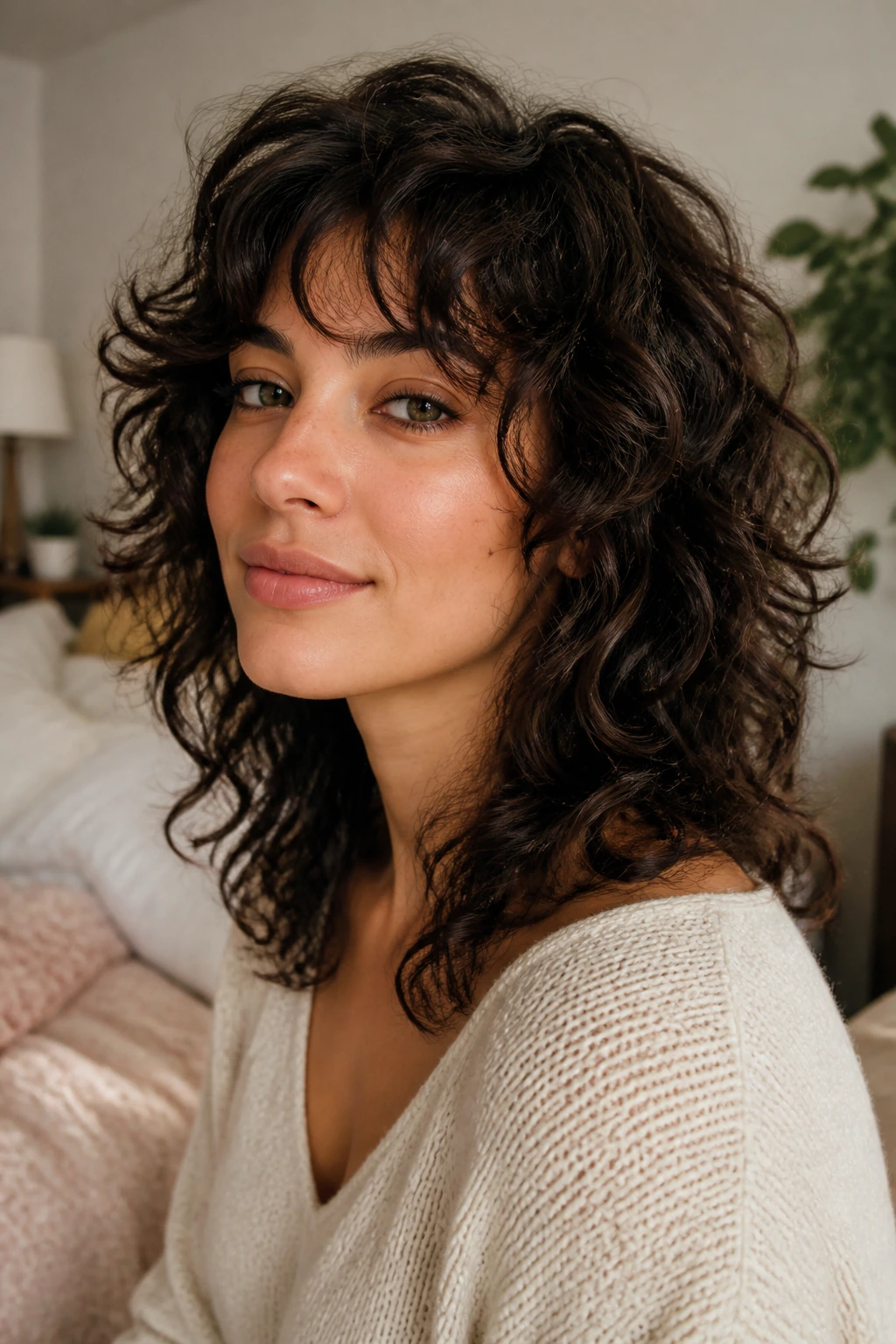 Close-up portrait of a real woman with a soft wolf cut for loose and medium curls