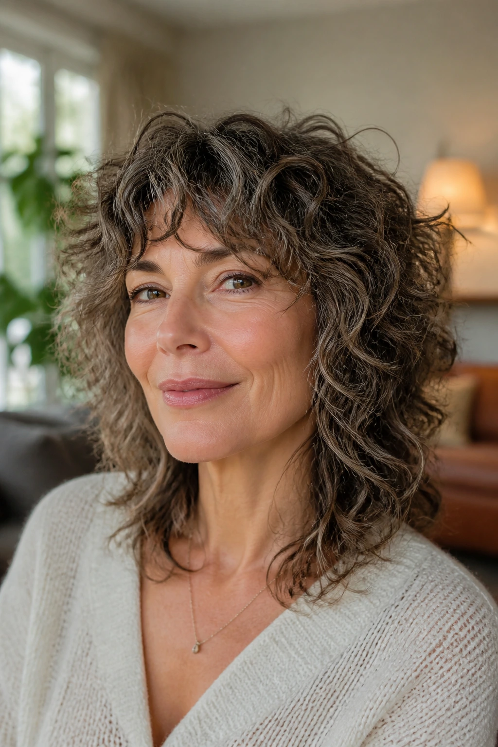 Close-up portrait of a real woman with a soft wolf cut for loose to medium curls.
