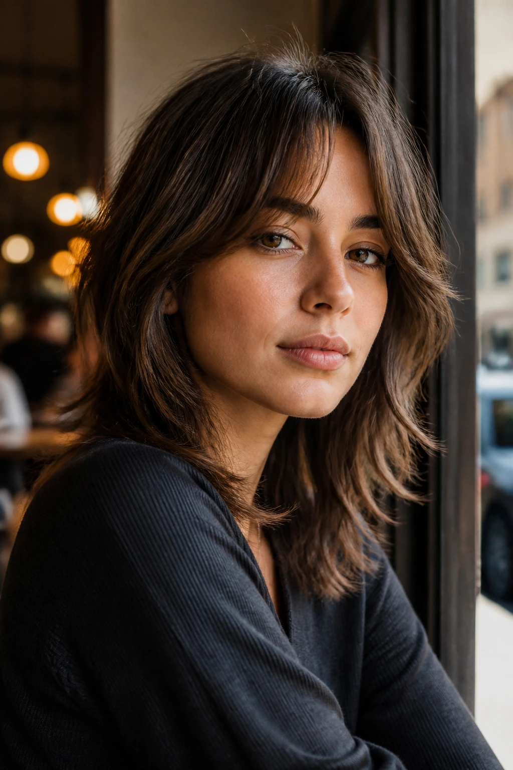 Close-up of real woman with soft wolf cut and curtain bangs by cafe window