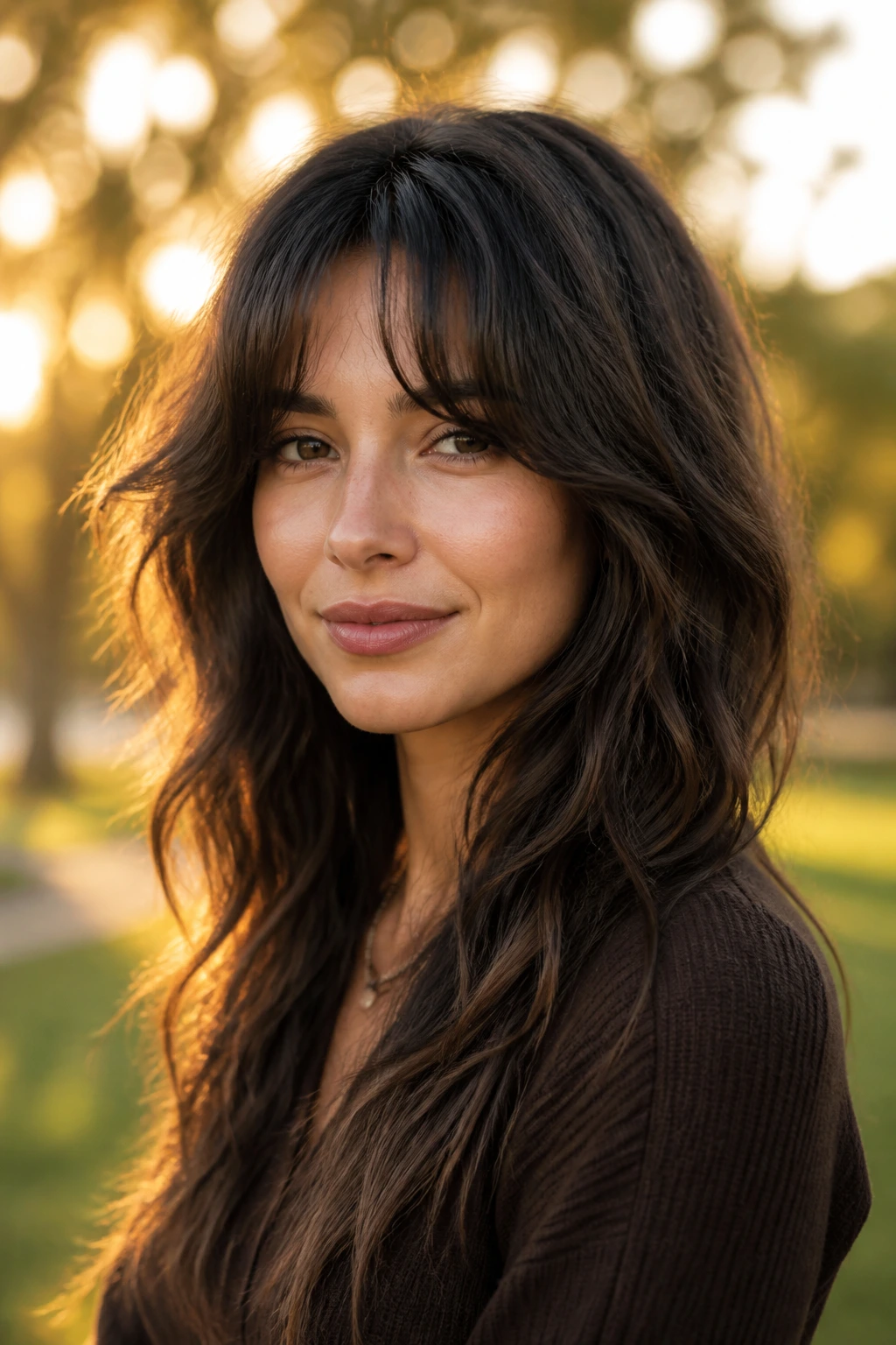 Portrait of a woman with soft wolf-cut curtain fringe