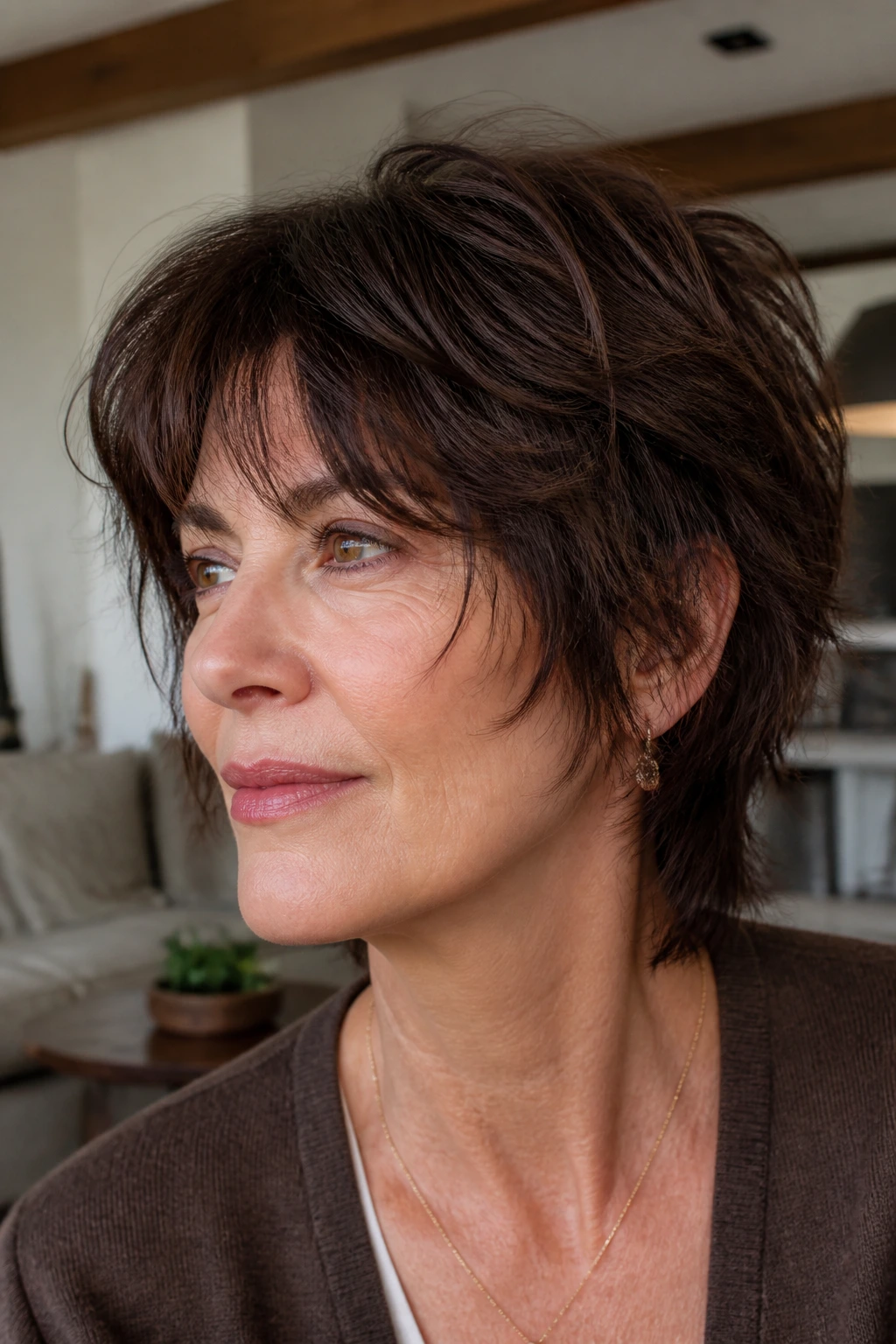 Close-up of an older woman with a soft wolf cut in deep brown.