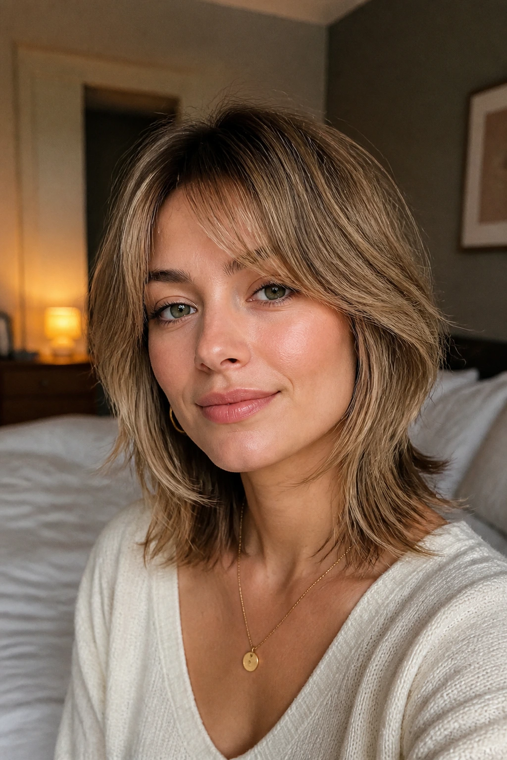 Close-up portrait of a real woman with a soft wolf cut for fine hair