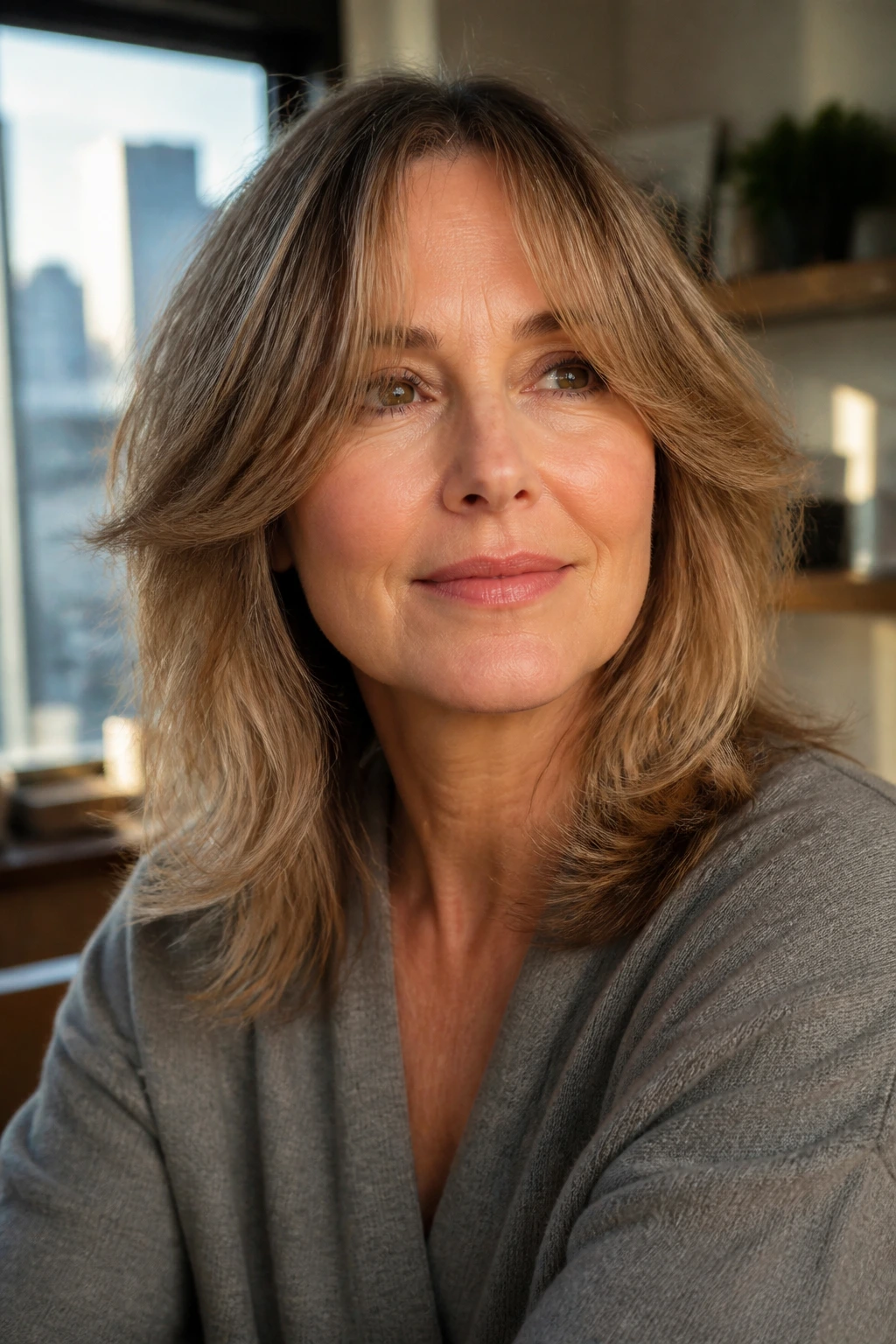 Close-up of a real woman with a soft wolf cut and curtain fringe in morning light