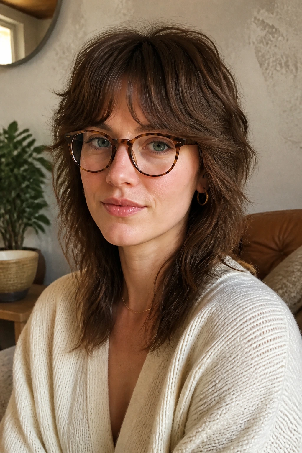 Close-up of a real woman with a soft wolf cut and glasses in a cozy living room.