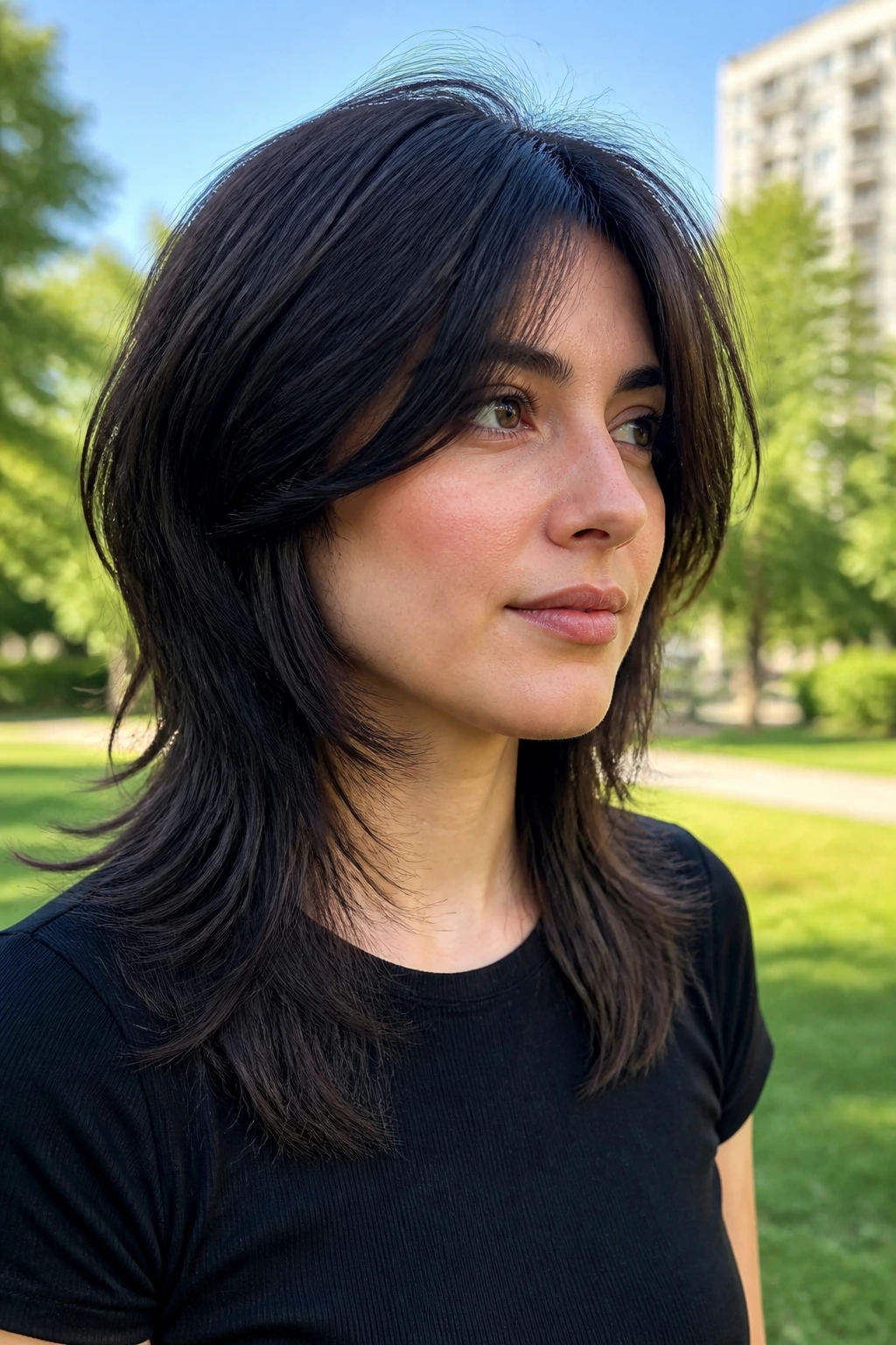 Close-up of a real woman with a softened wolf cut in a park setting