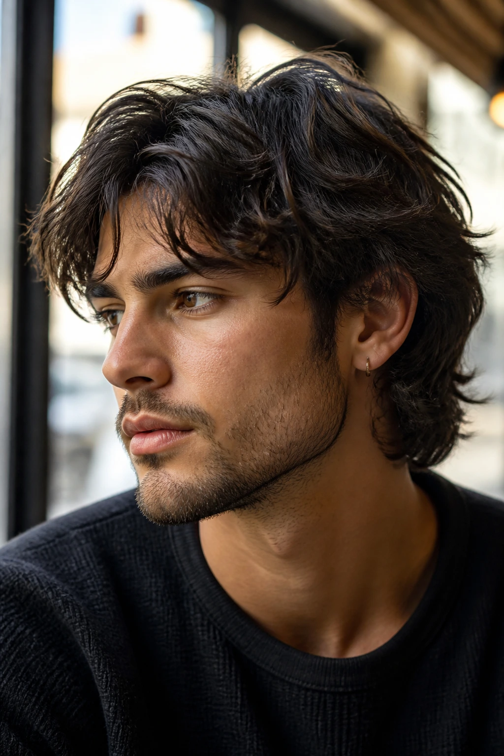 Close-up portrait of a man with a soft wolf cut hairstyle under warm cafe light.