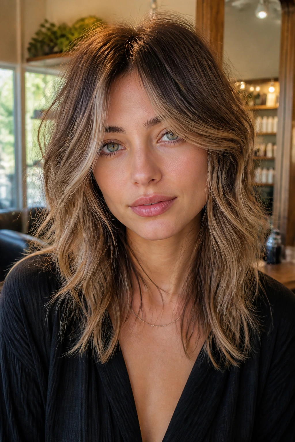 Close-up of real person with a soft wolf cut and face-framing highlights in warm salon light