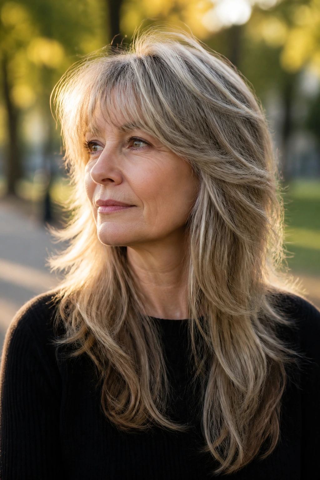 Close-up of a woman with a soft wolf cut and long ends in golden hour light.