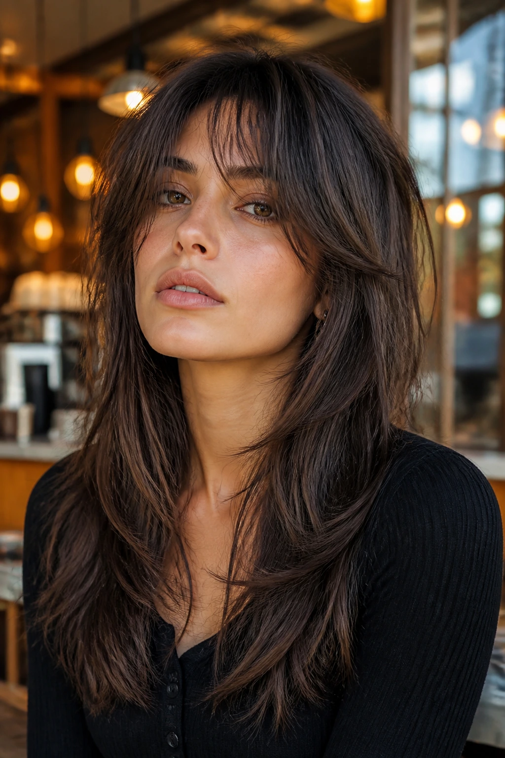 Close-up portrait of a real person with a soft wolf cut
