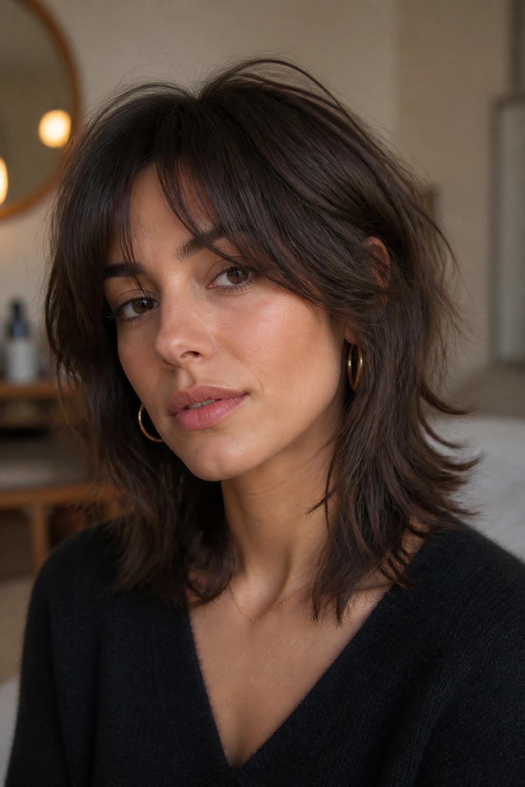Real person with soft wolf cut at medium length in warm window light