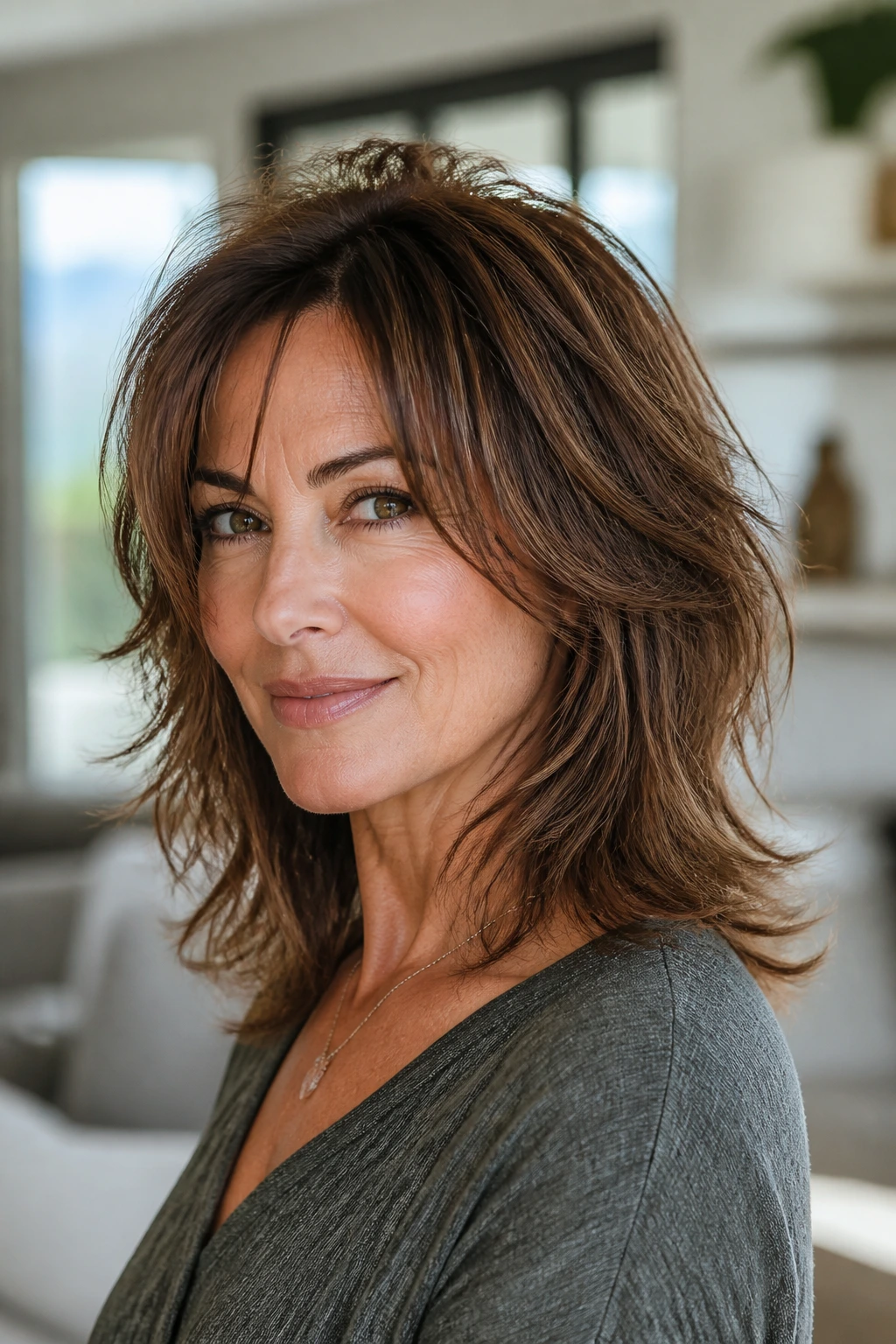 Close-up of a real woman with a soft wolf cut and textured medium-length hair.