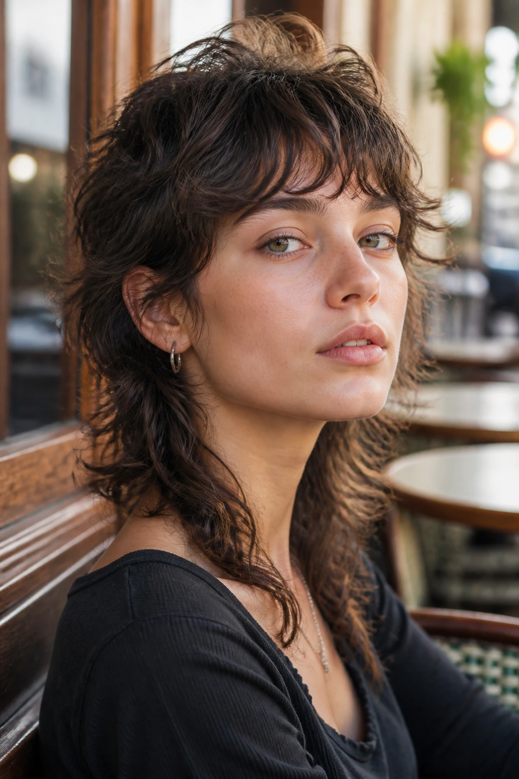 Close-up of a real person with a soft wolf-cut mullet in daylight