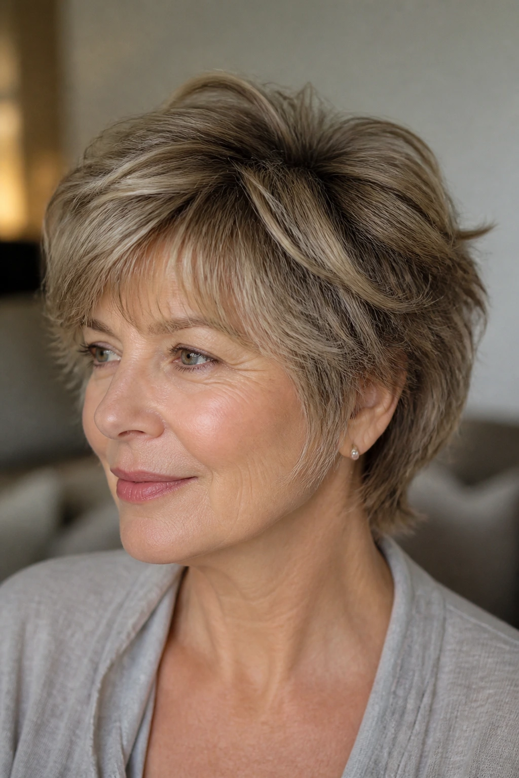 Close-up of a real woman with a soft wolf cut and tamed nape