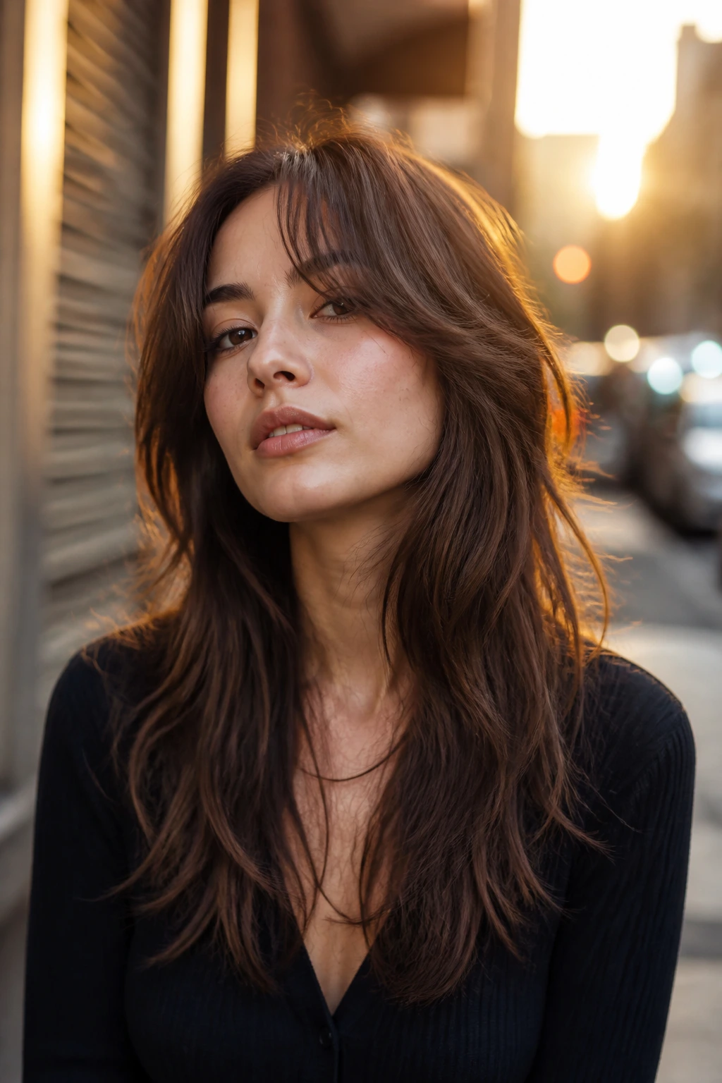 Close-up portrait of a real woman with soft wolf cut hairstyle