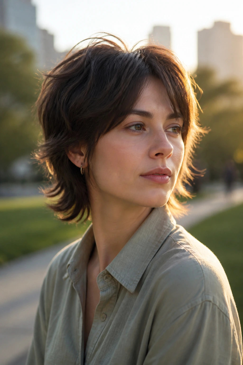 Real person with a softened wolf cut in an outdoor park scene
