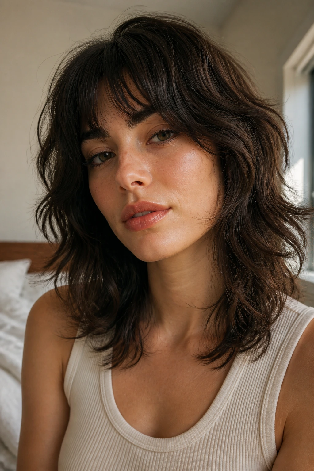 Close-up portrait of a real woman with a soft wolf cut in warm window light