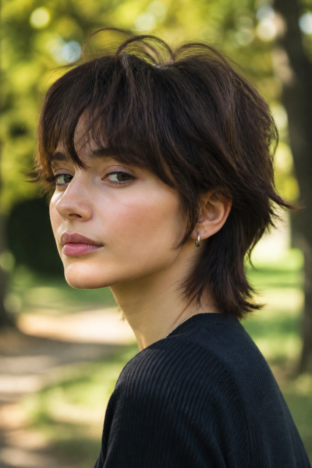Portrait of a person with a soft wolf cut for short hair.