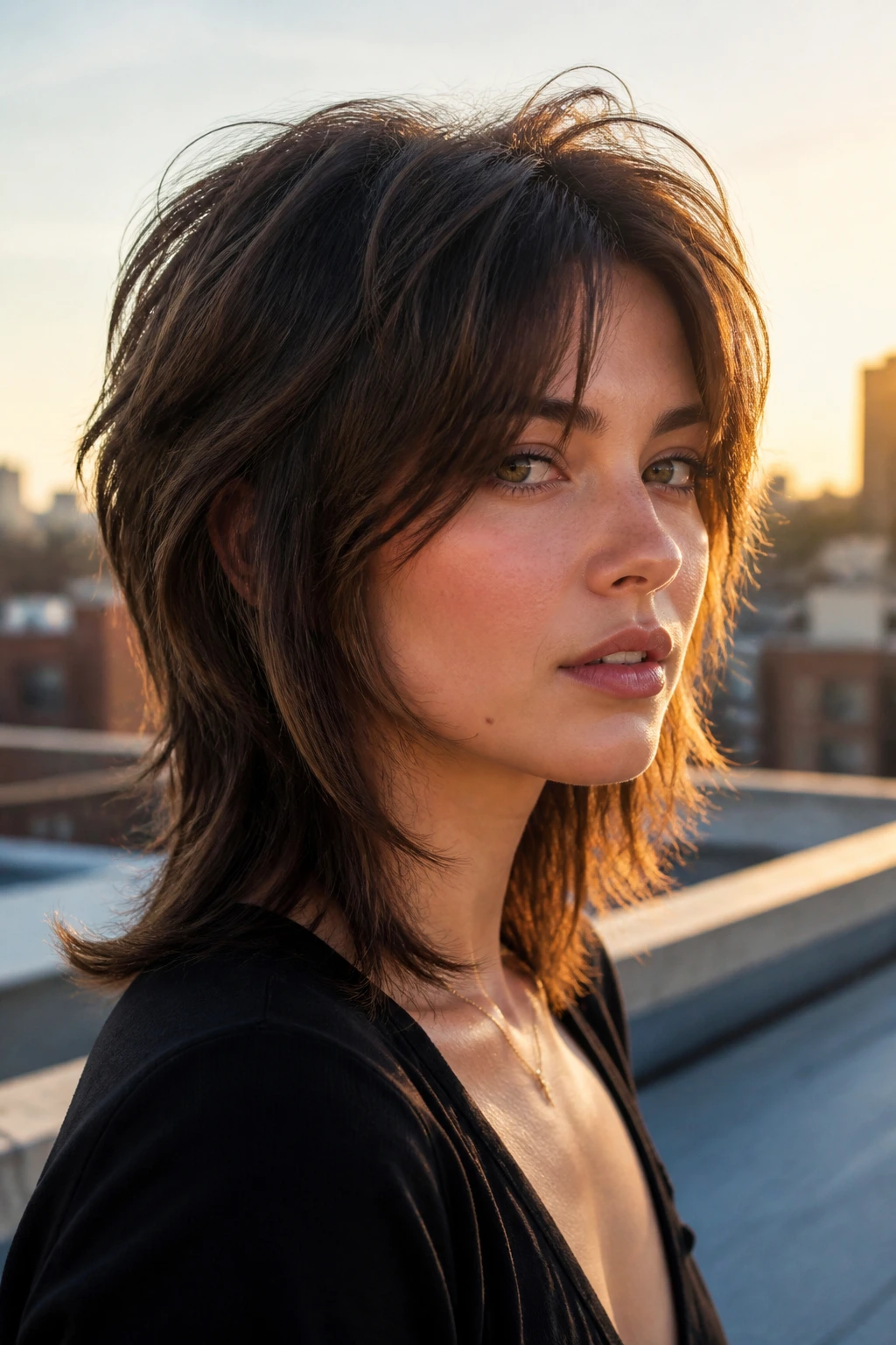 Portrait of a real woman with soft wolf cut and tidy perimeter