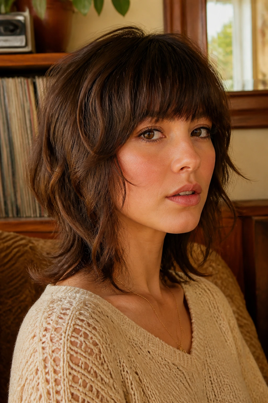 Close-up portrait of a woman with soft wolf cut retro fringe and textured layers