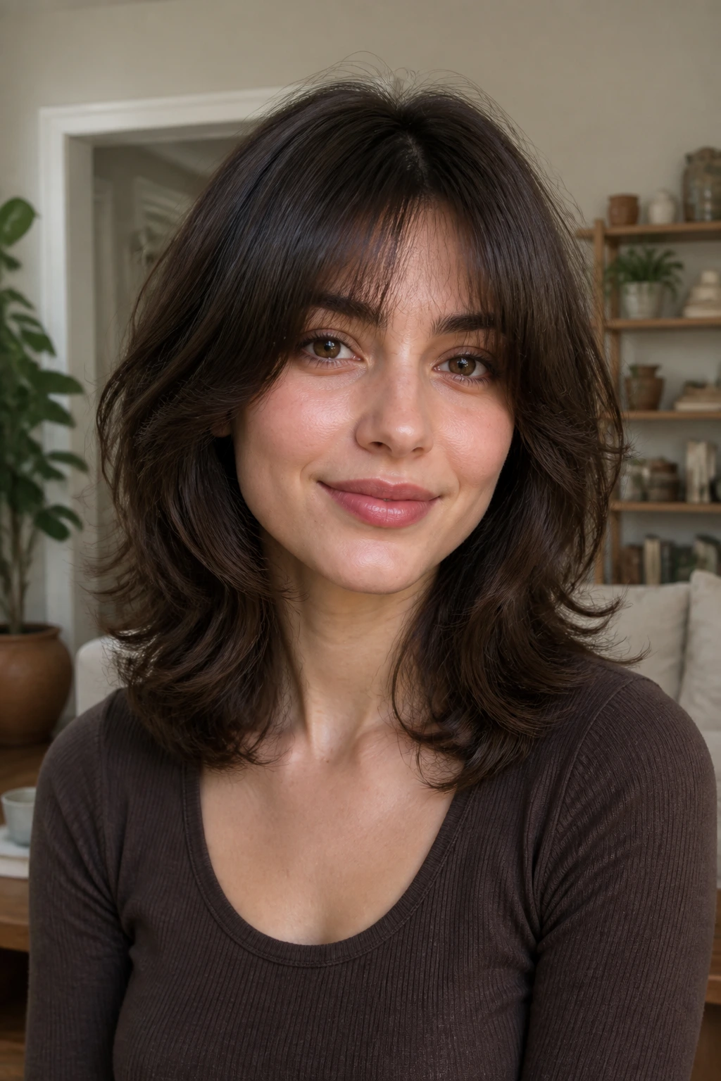 Close-up portrait of a real person with a soft wolf cut and rounded ends