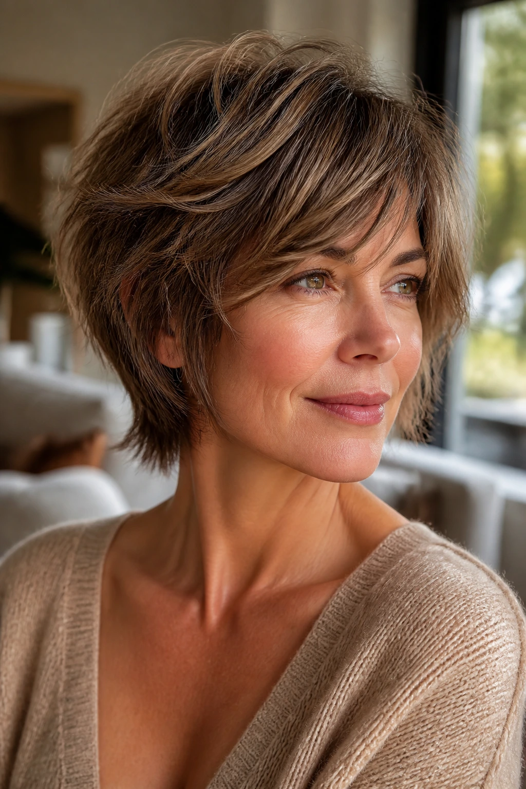 Close-up of a woman with a soft wolf cut for short hair, crown layers visible