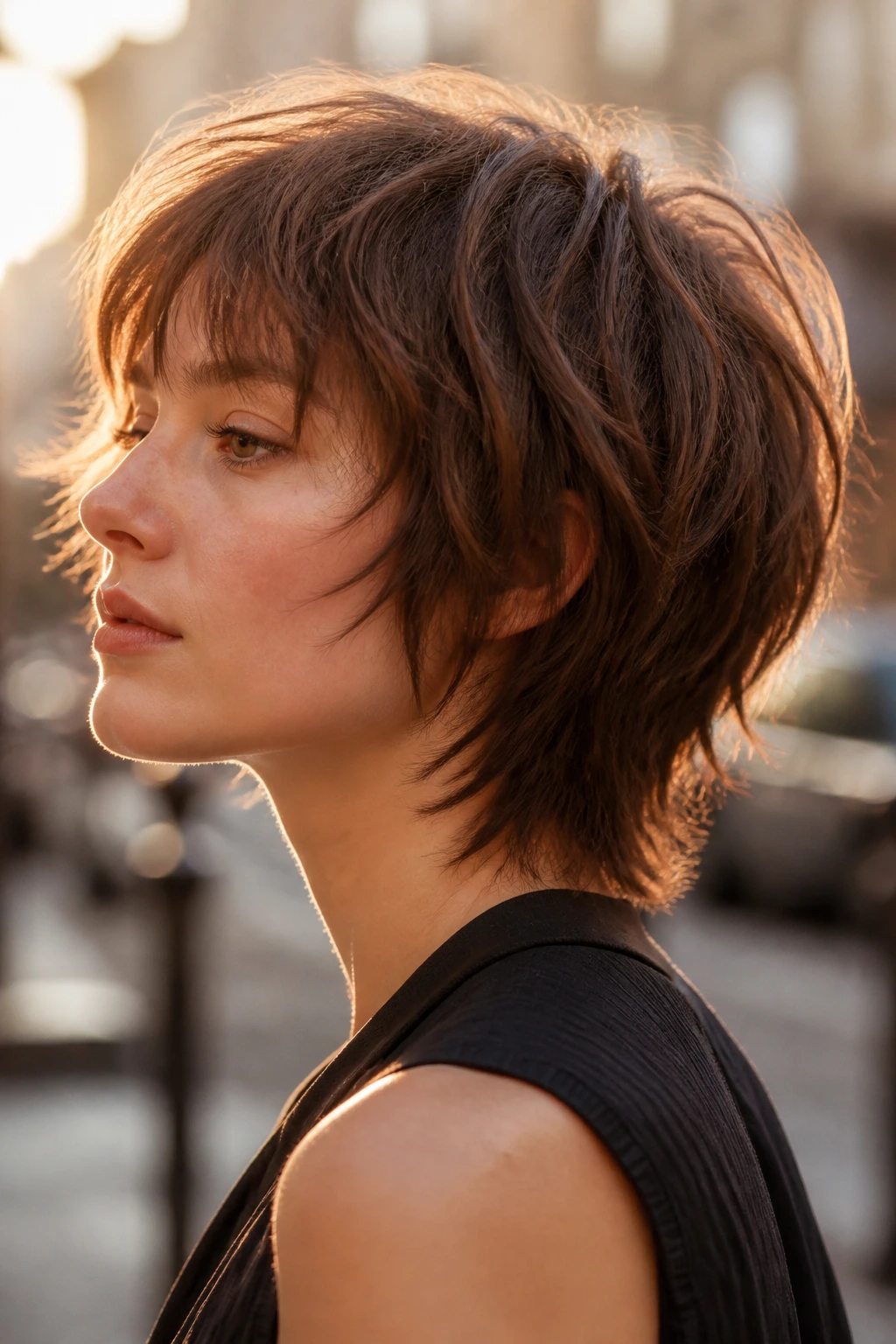 Close-up of a person with a soft wolf cut and tapered nape