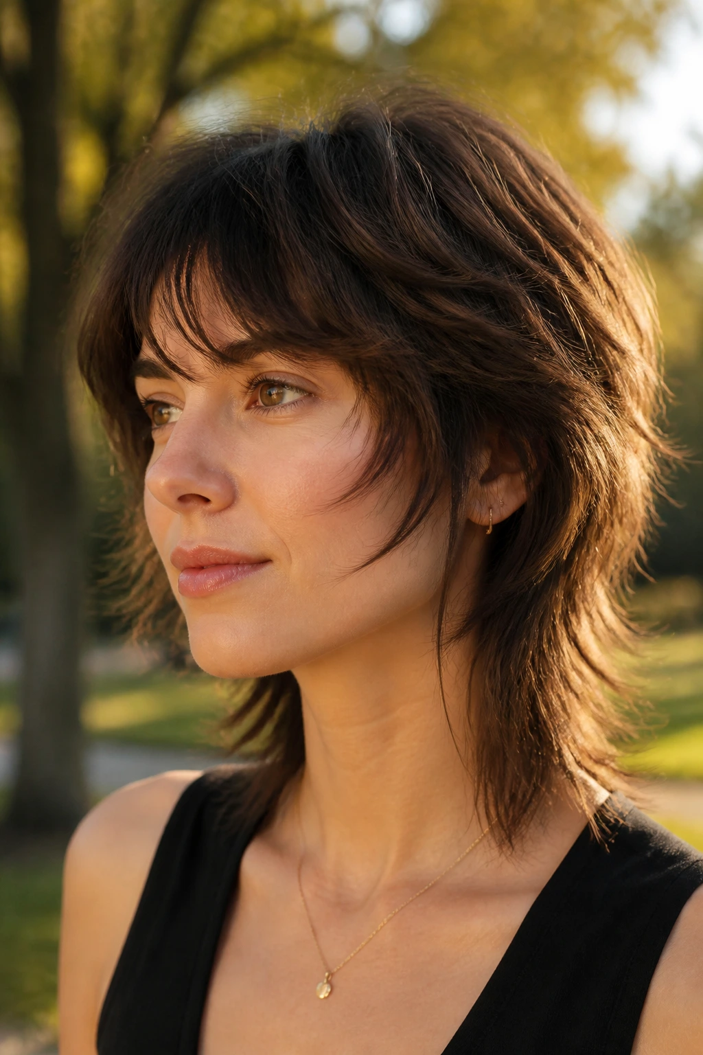 Portrait of a real person with a softly textured wolf cut