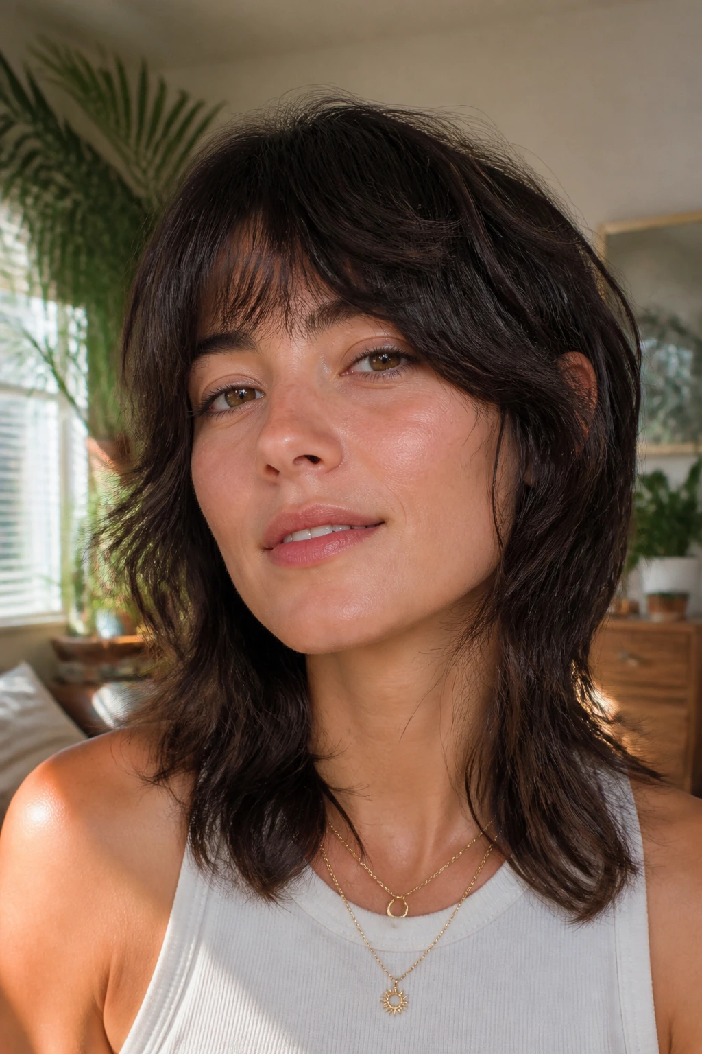 Portrait of a real person with soft wolf cut in a sunlit living room.
