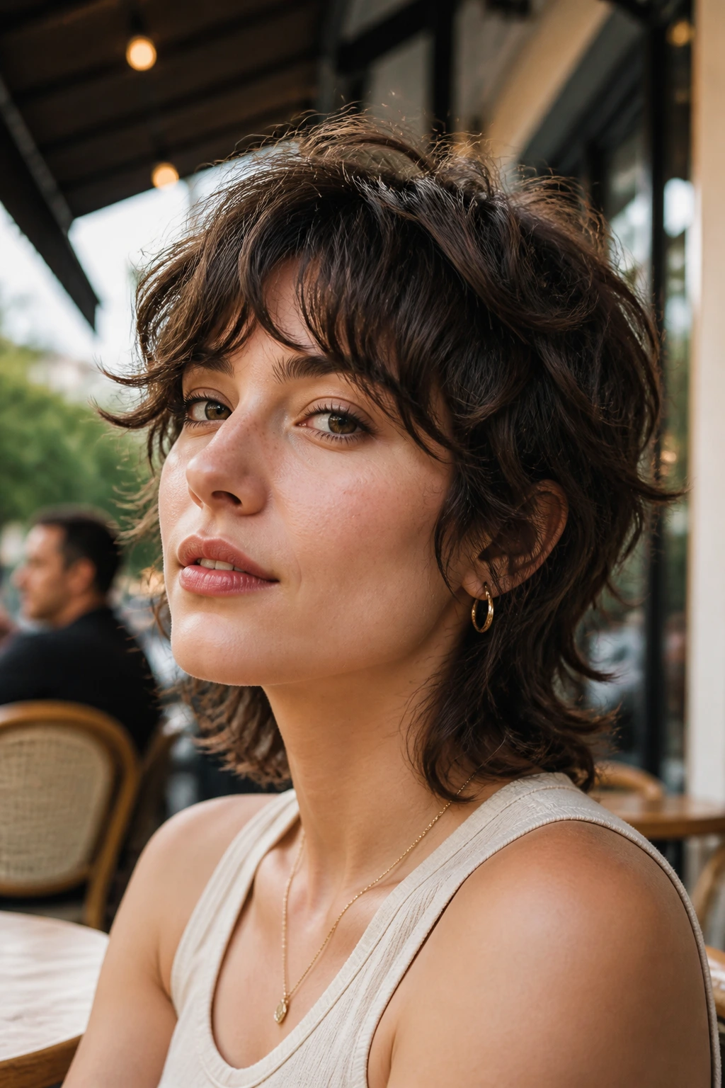 Close-up of a real person with a soft wolf cut in a sunlit cafe