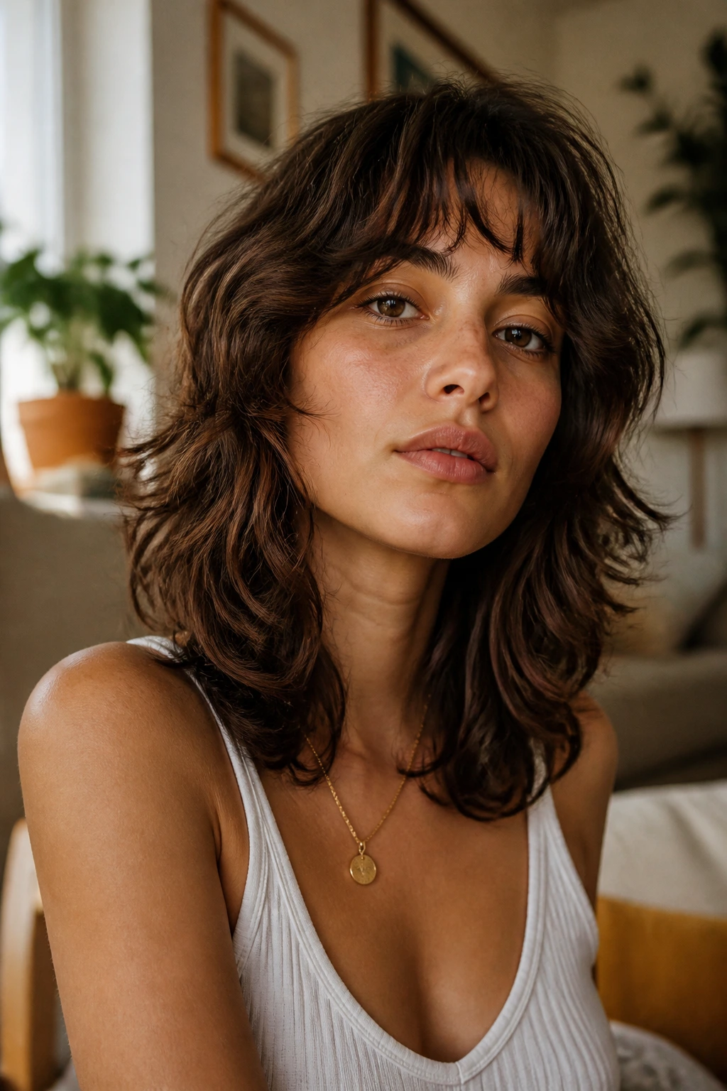 Close-up portrait of a real person with a soft wolf cut on wavy hair in warm window light