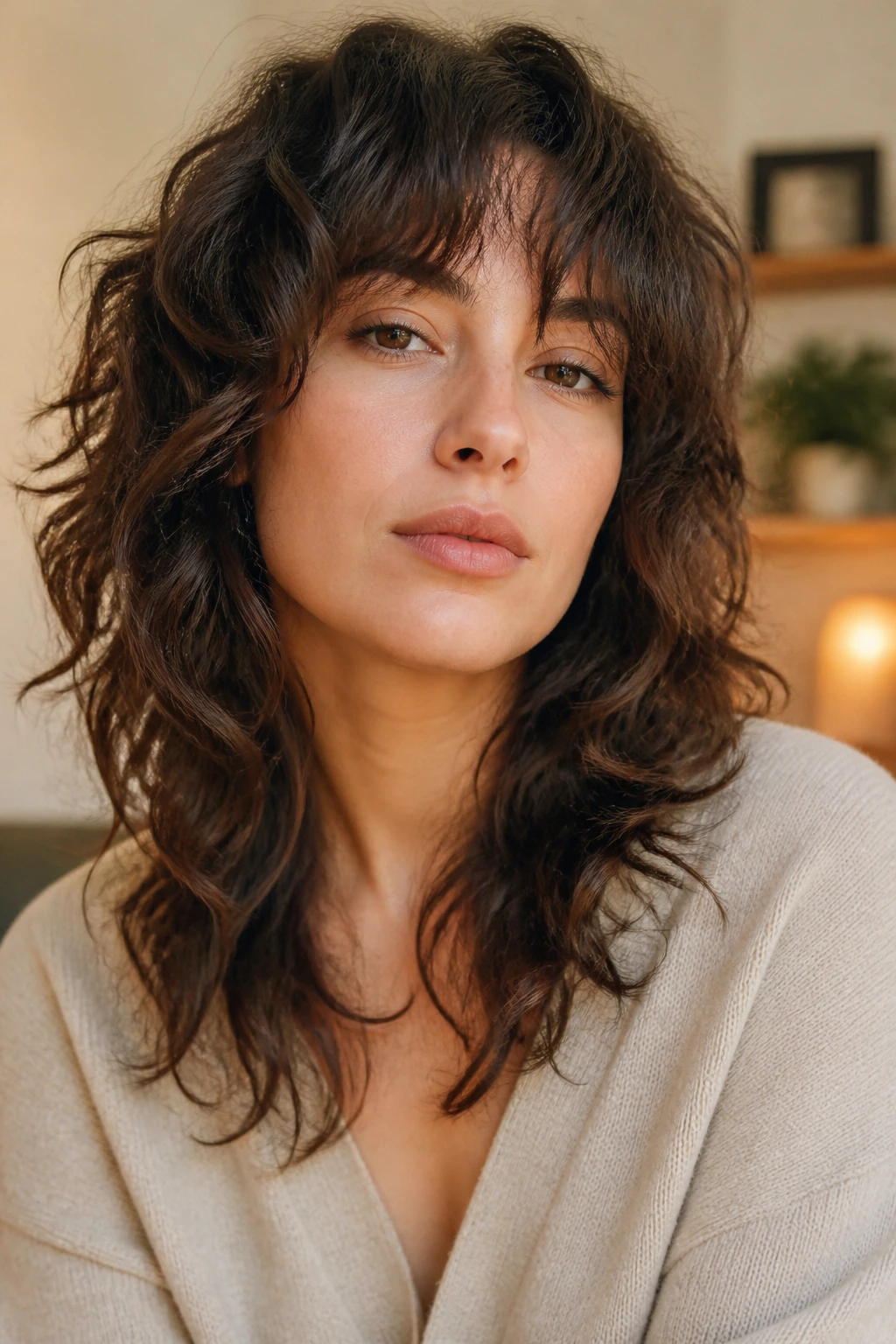 Close-up of a real woman with a soft wolf cut and wispy ends