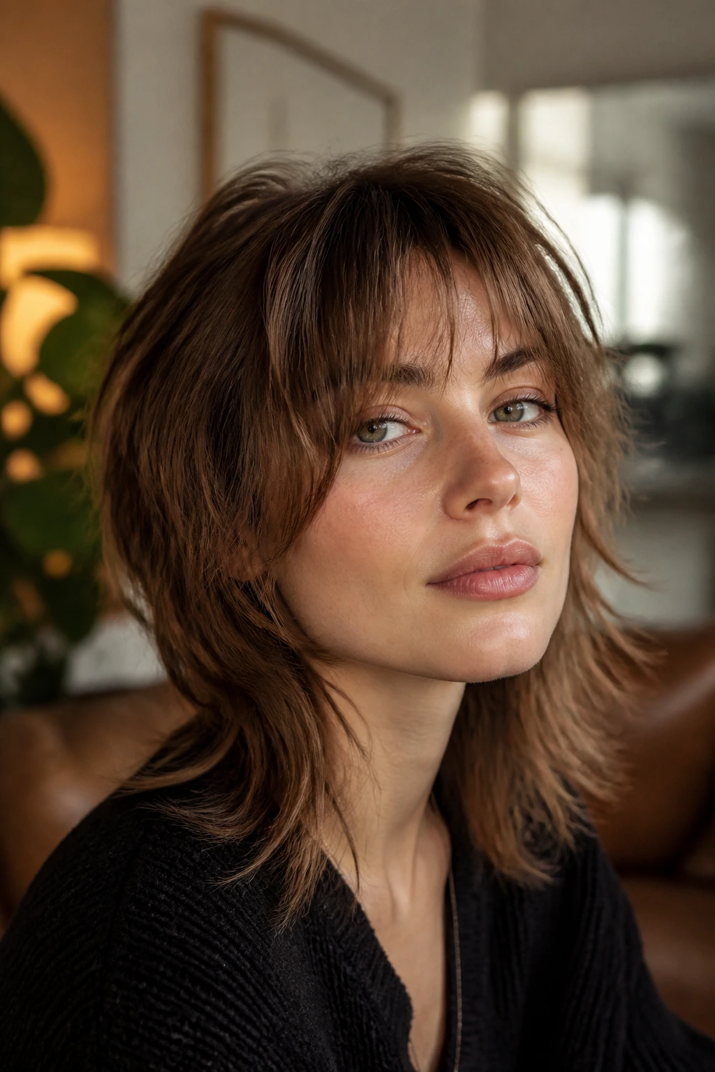 Close-up portrait of a woman with a soft wolf cut and wispy fringe in warm window light