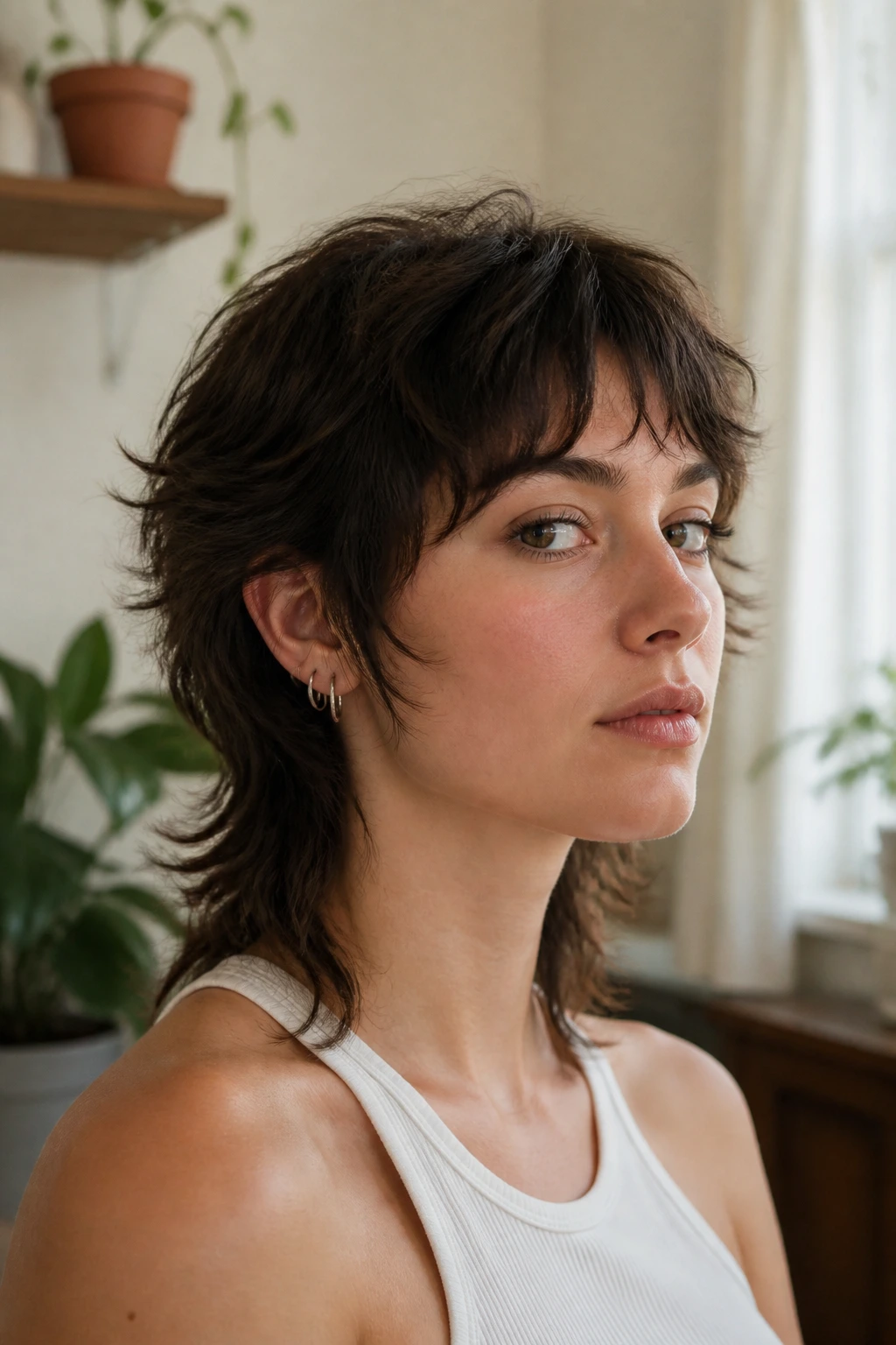 Close-up of a real person with a soft wolf-edge mullet showing smooth layer transitions