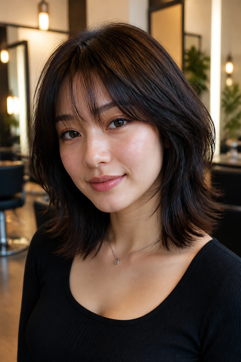 Close-up portrait of a real person with salon-ready soft wolf haircut in a stylish salon