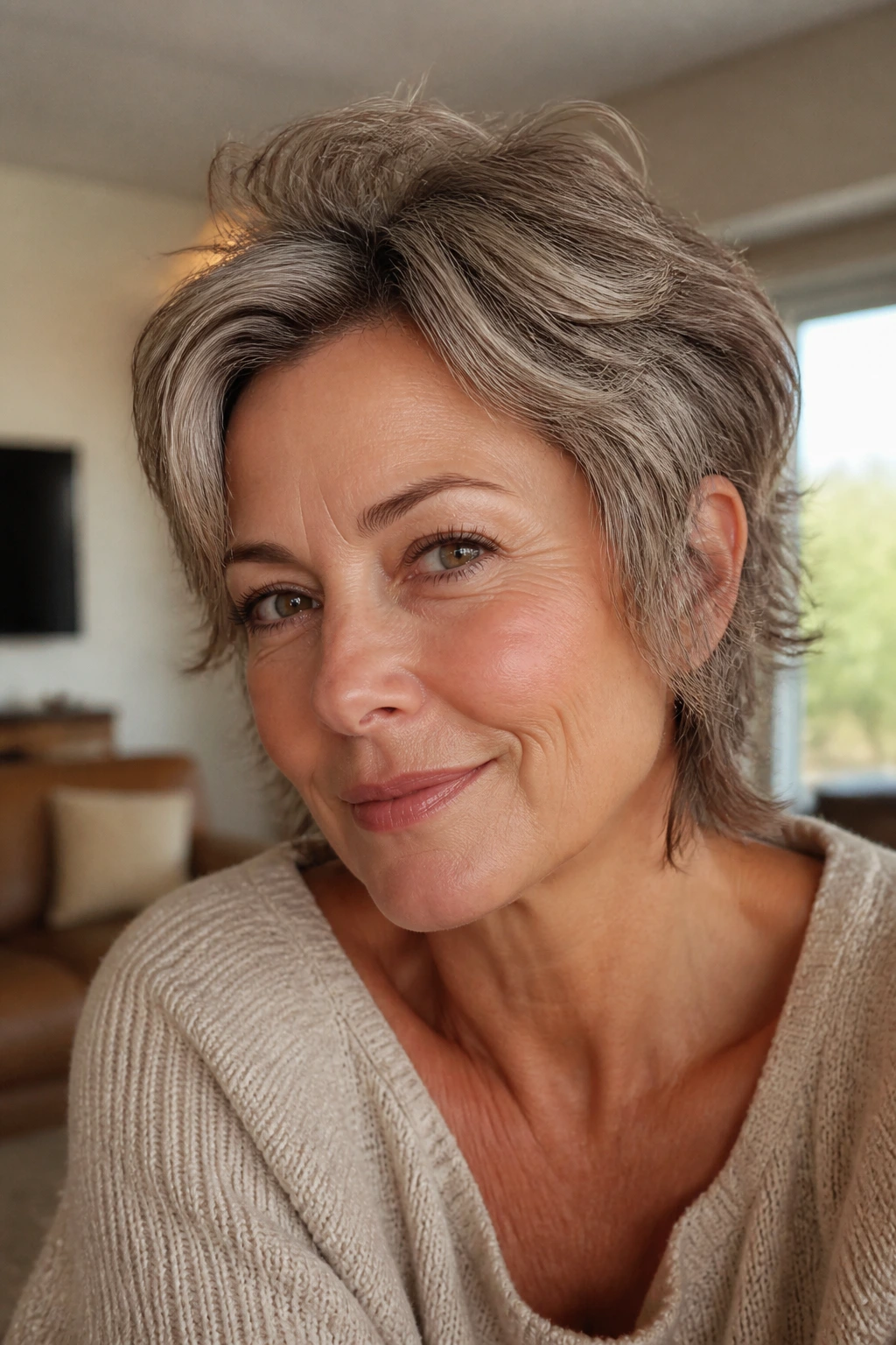 Close-up of a real woman with Soft Wolf-Lite Shag, no bangs, natural window light