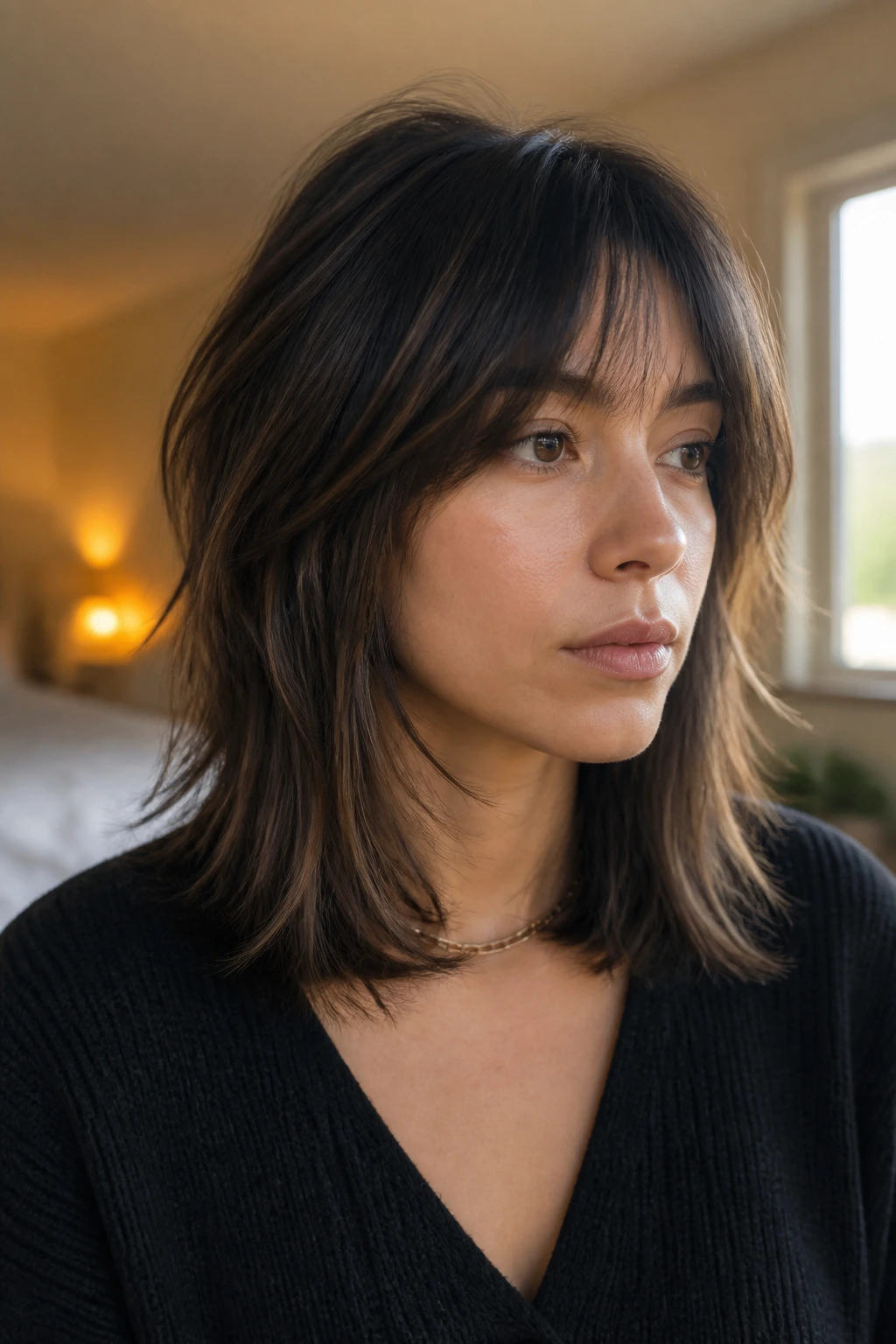 Close-up of a real woman with a soft wolf lob featuring crown volume and face-framing layers.