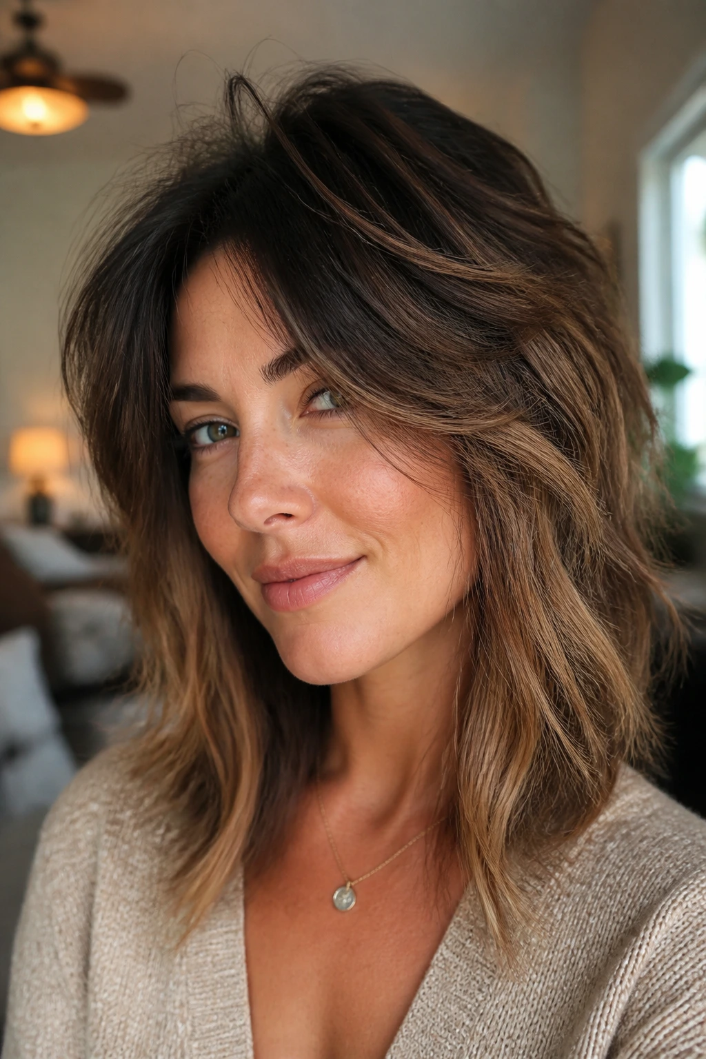 Close-up of a real woman with a soft wolf lob in a cozy living room