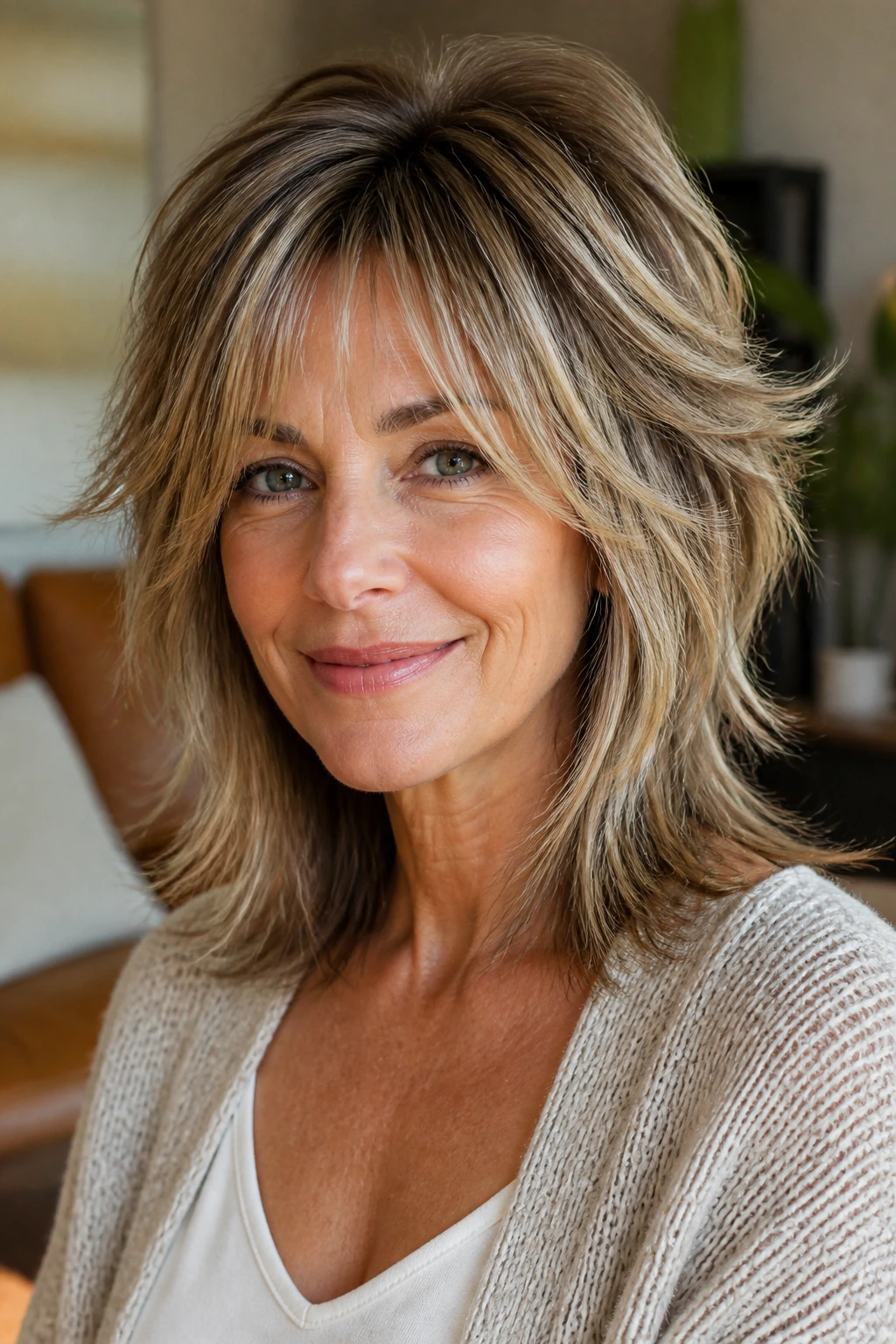 Close-up of a real woman with a soft wolf-inspired mid cut