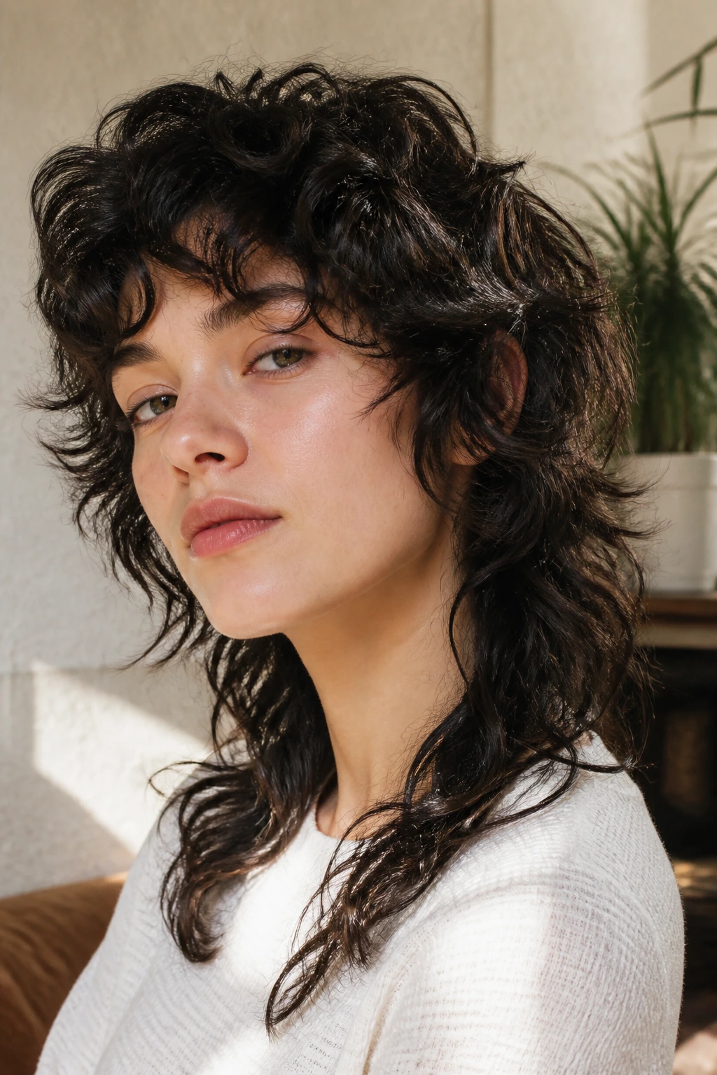 Close-up portrait of real woman with soft wolf shag